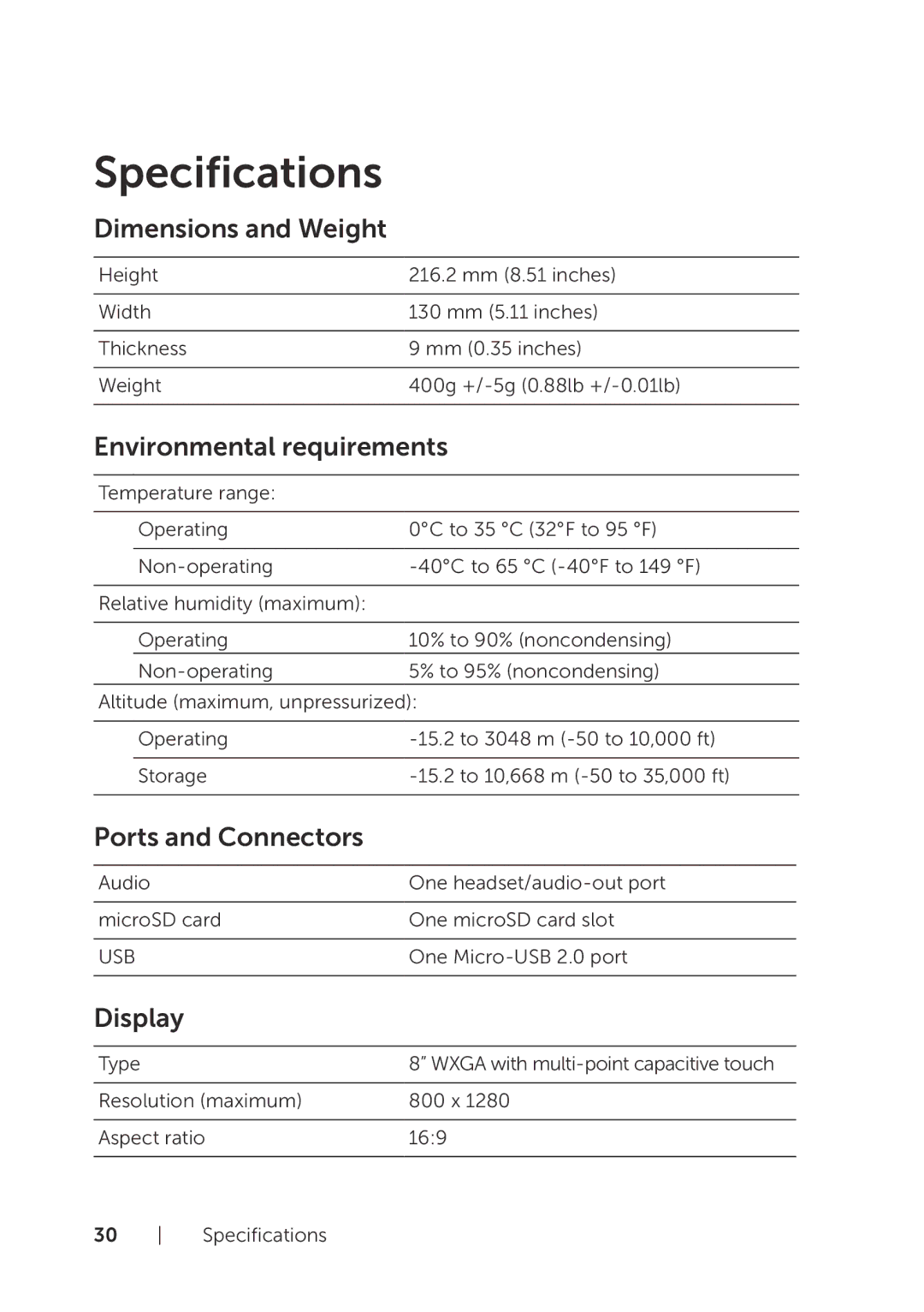 Dell BELL81818BLK Specifications, Dimensions and Weight, Environmental requirements, Ports and Connectors, Display 