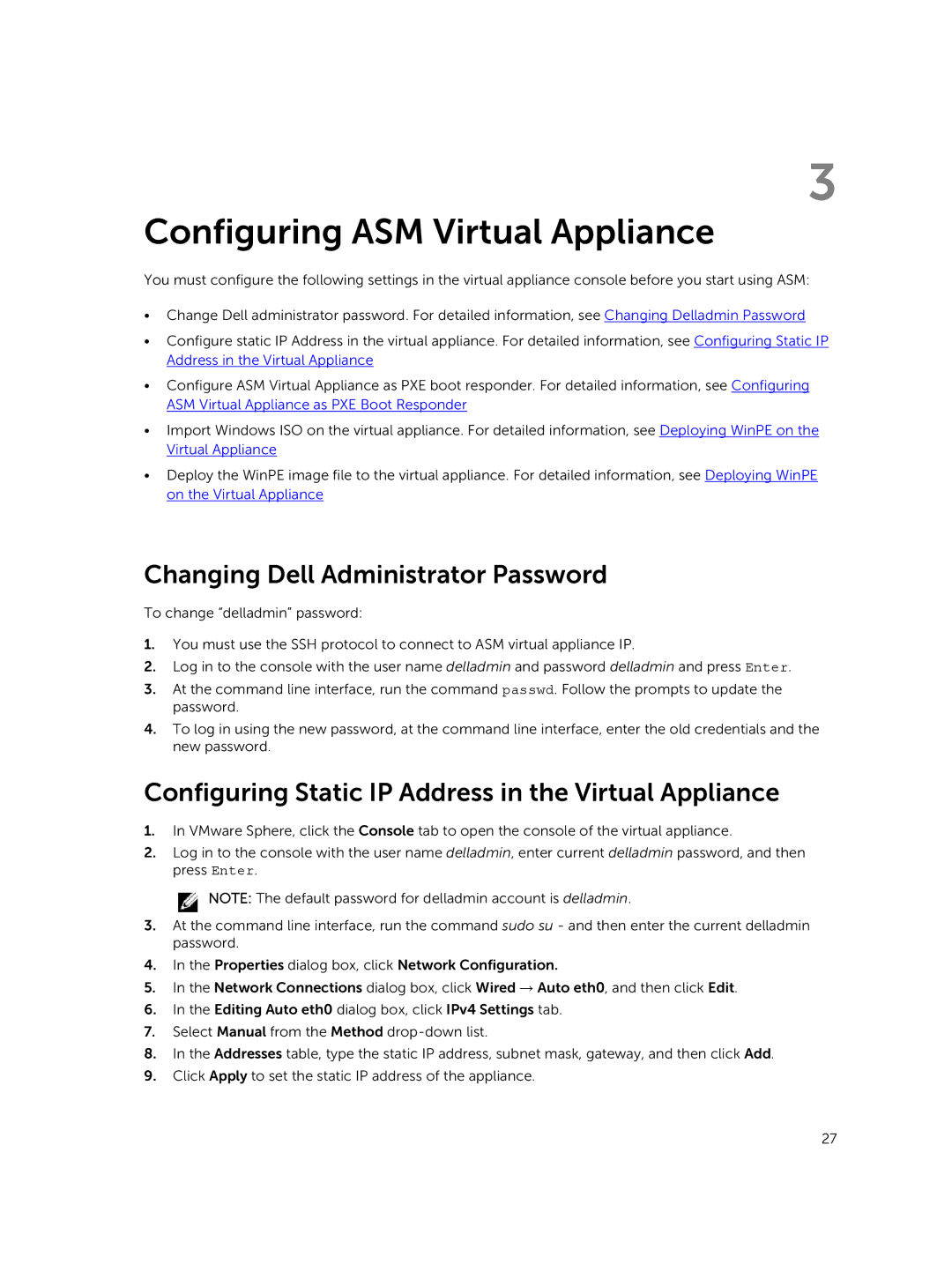 Dell 8 manual Changing Dell Administrator Password, Configuring Static IP Address in the Virtual Appliance 