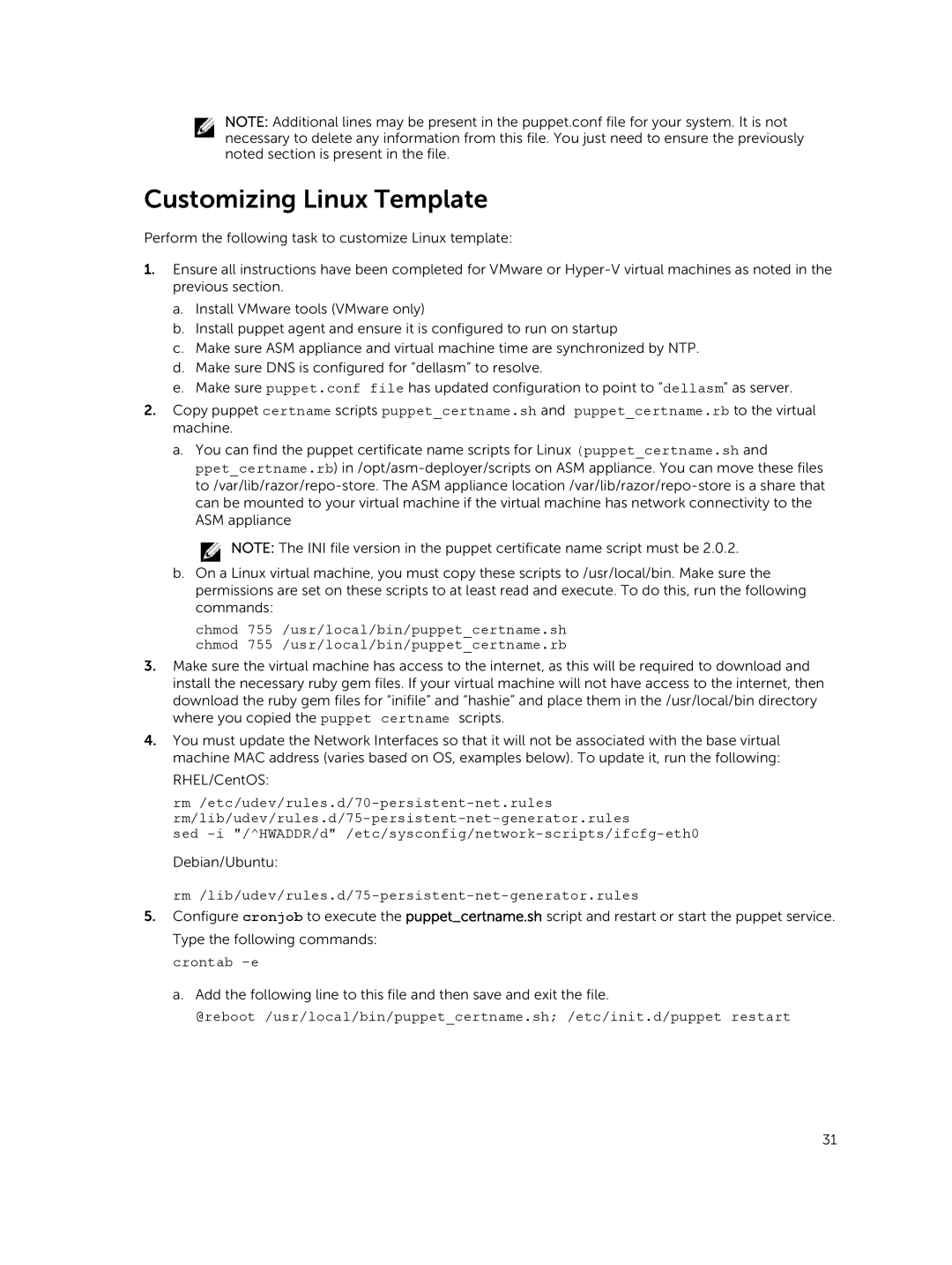 Dell 8 manual Customizing Linux Template, Rm /lib/udev/rules.d/75-persistent-net-generator.rules 