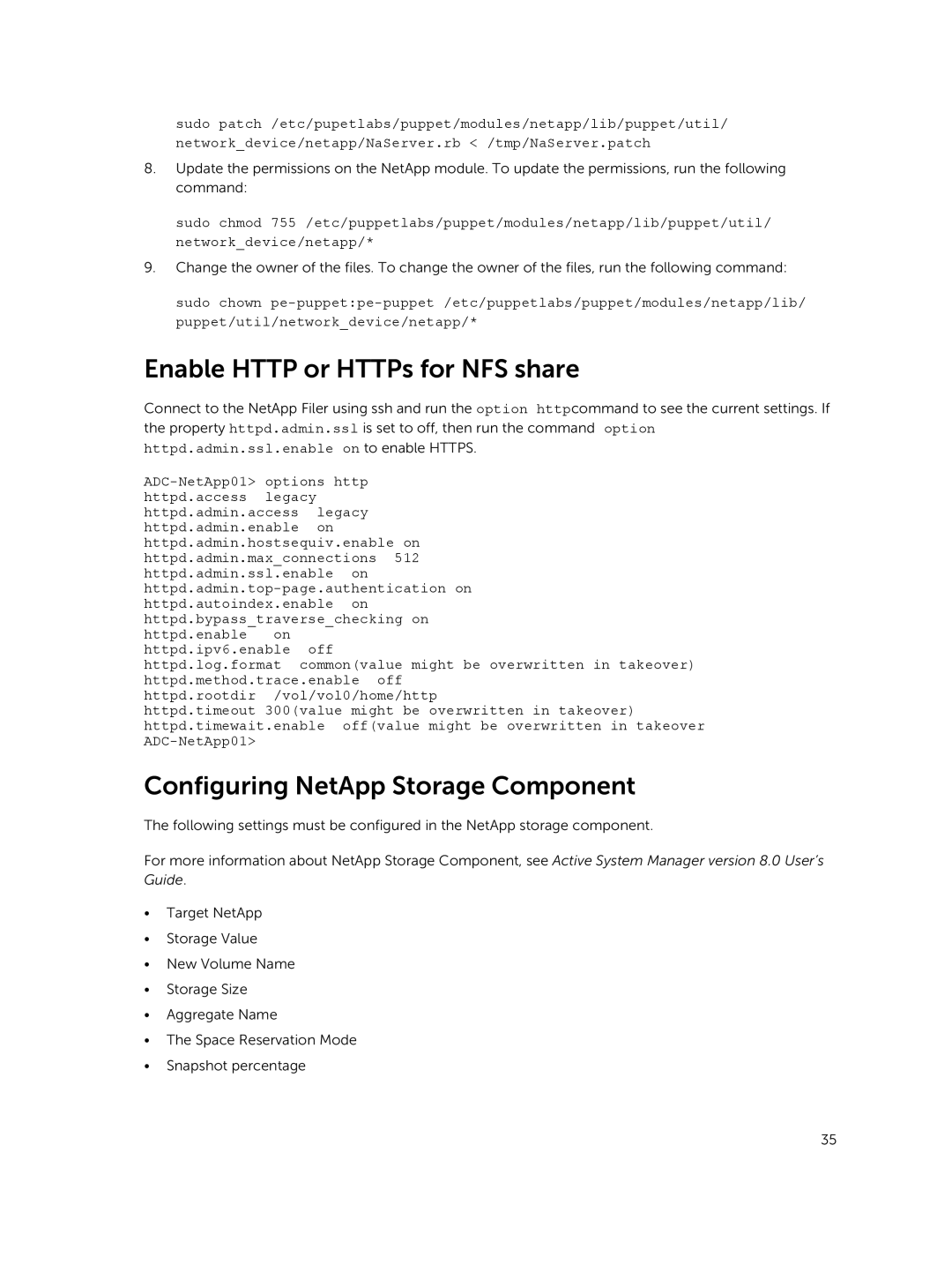 Dell 8 manual Enable Http or HTTPs for NFS share, Configuring NetApp Storage Component 