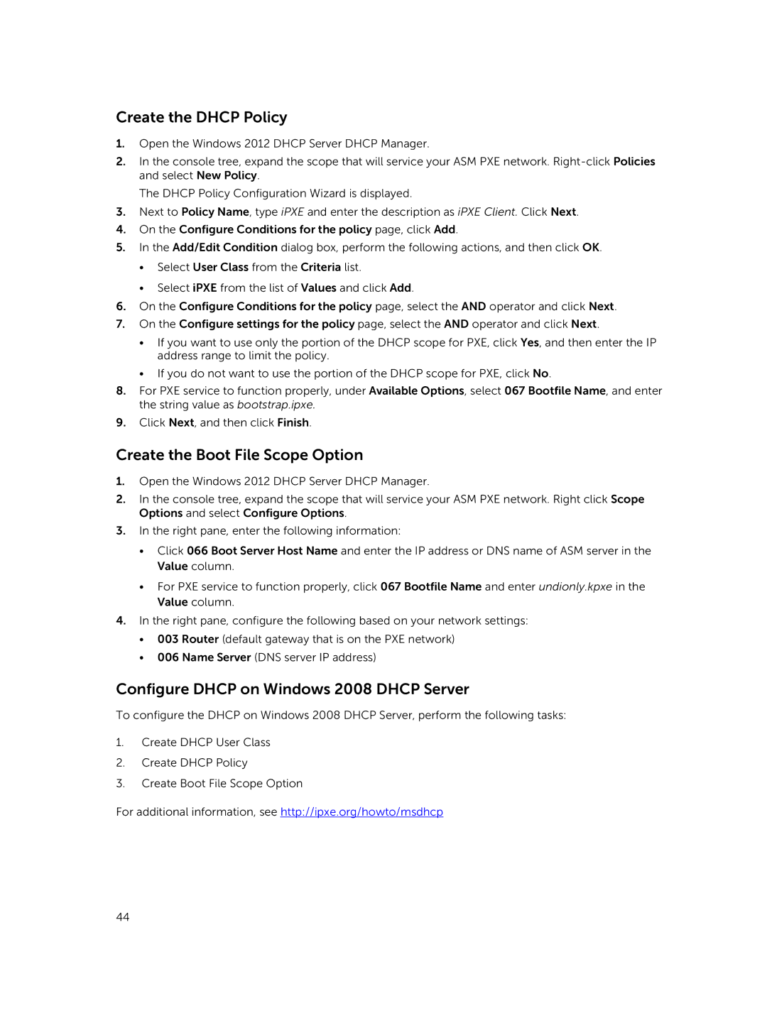 Dell manual Create the Dhcp Policy, Create the Boot File Scope Option, Configure Dhcp on Windows 2008 Dhcp Server 