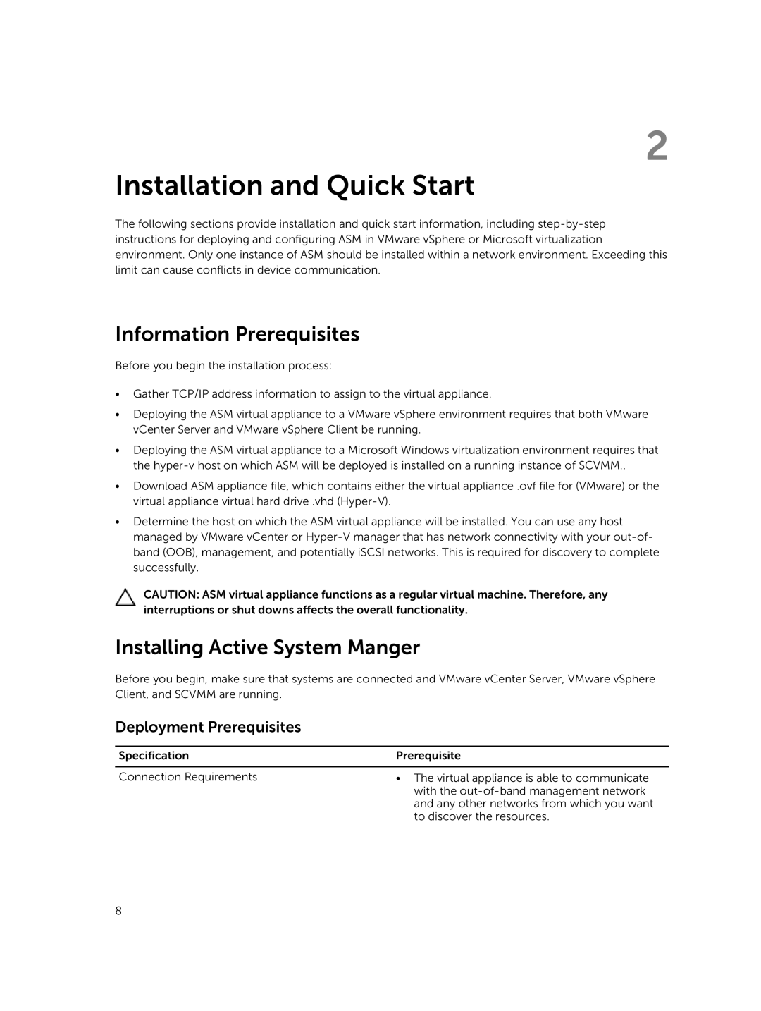 Dell 8 manual Information Prerequisites, Installing Active System Manger, Deployment Prerequisites 