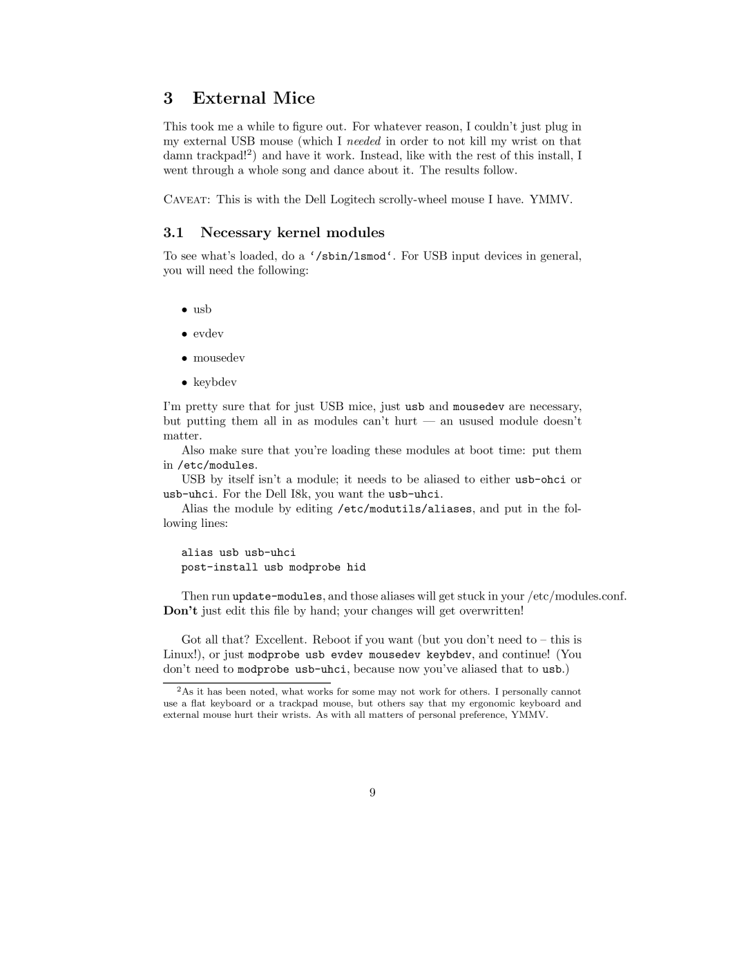 Dell 8000 manual External Mice, Necessary kernel modules 