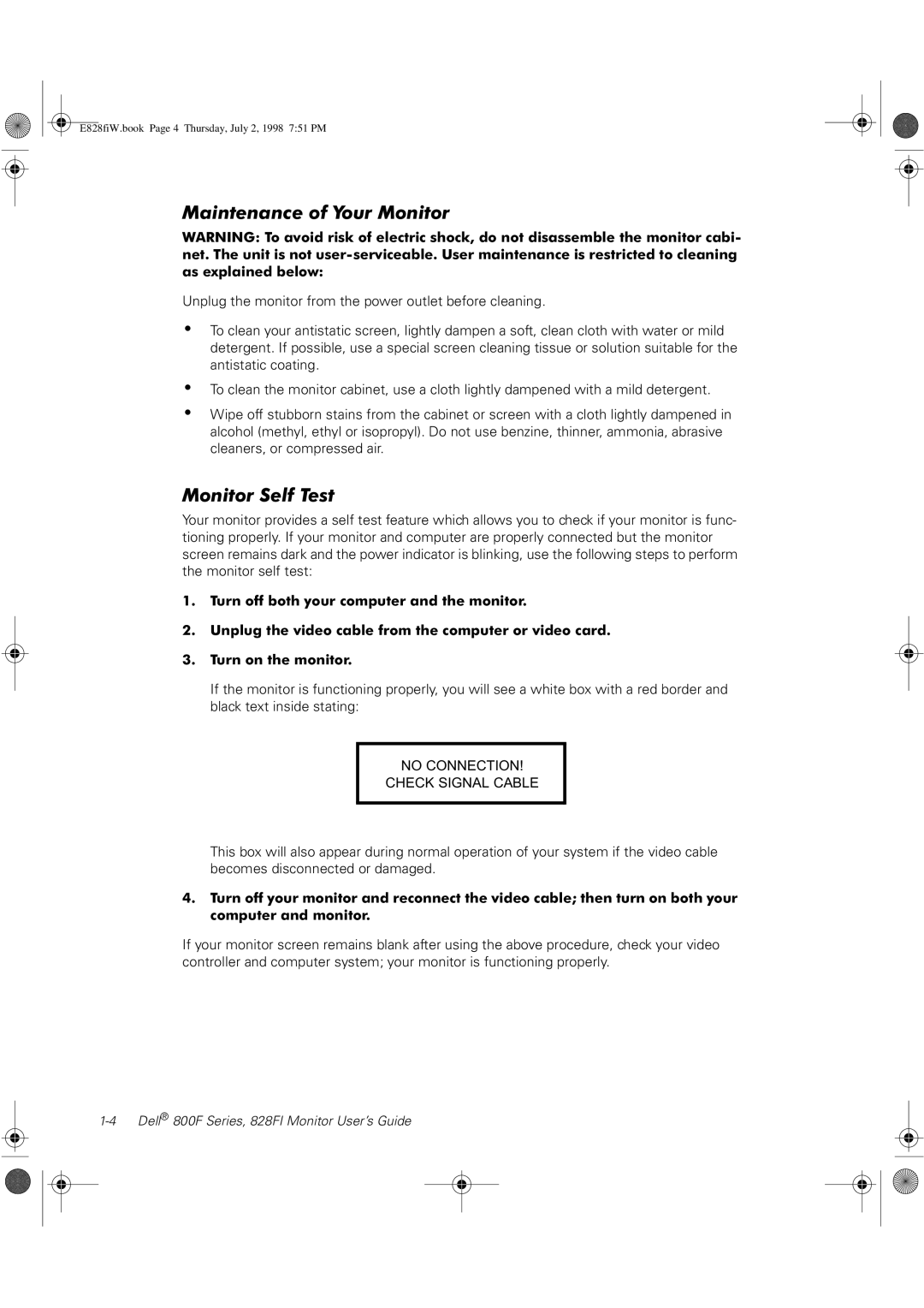 Dell 800F, 828FI manual Maintenance of Your Monitor, Monitor Self Test 