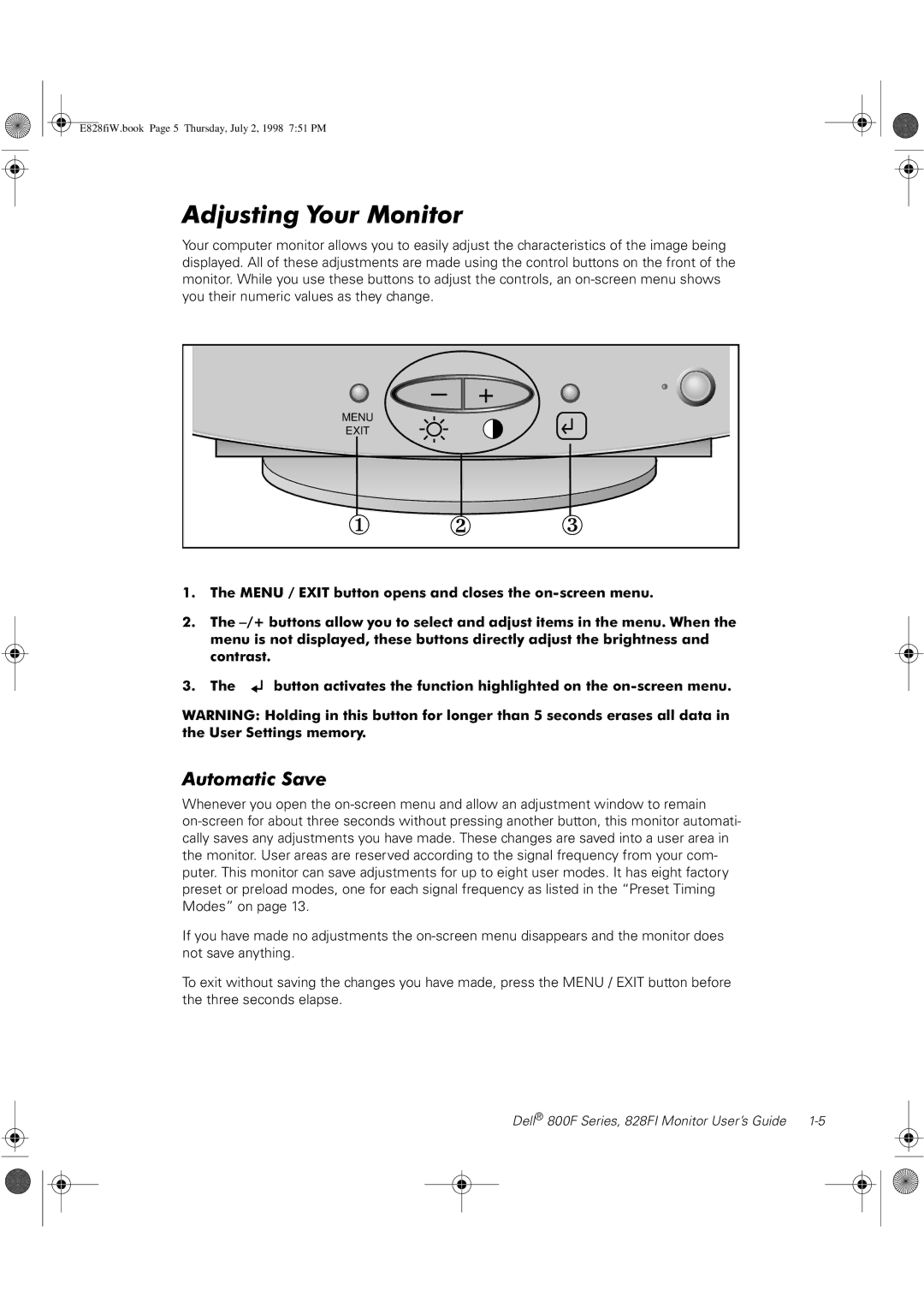 Dell 828FI, 800F manual Adjusting Your Monitor, Automatic Save 