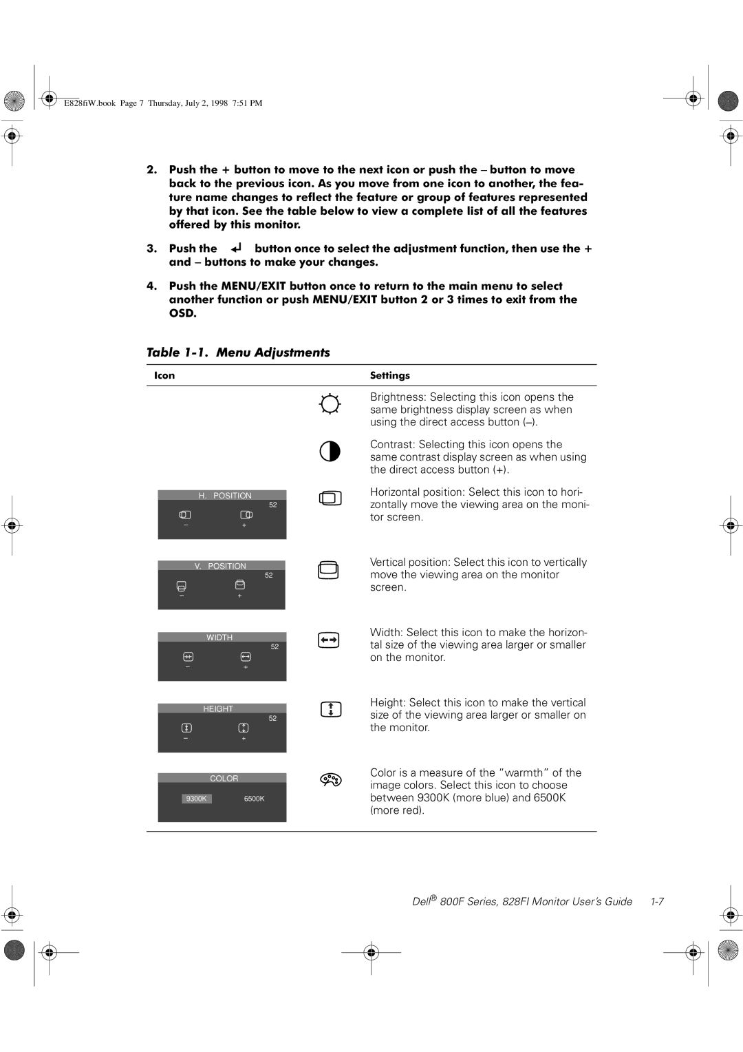 Dell 828FI, 800F manual Menu Adjustments 