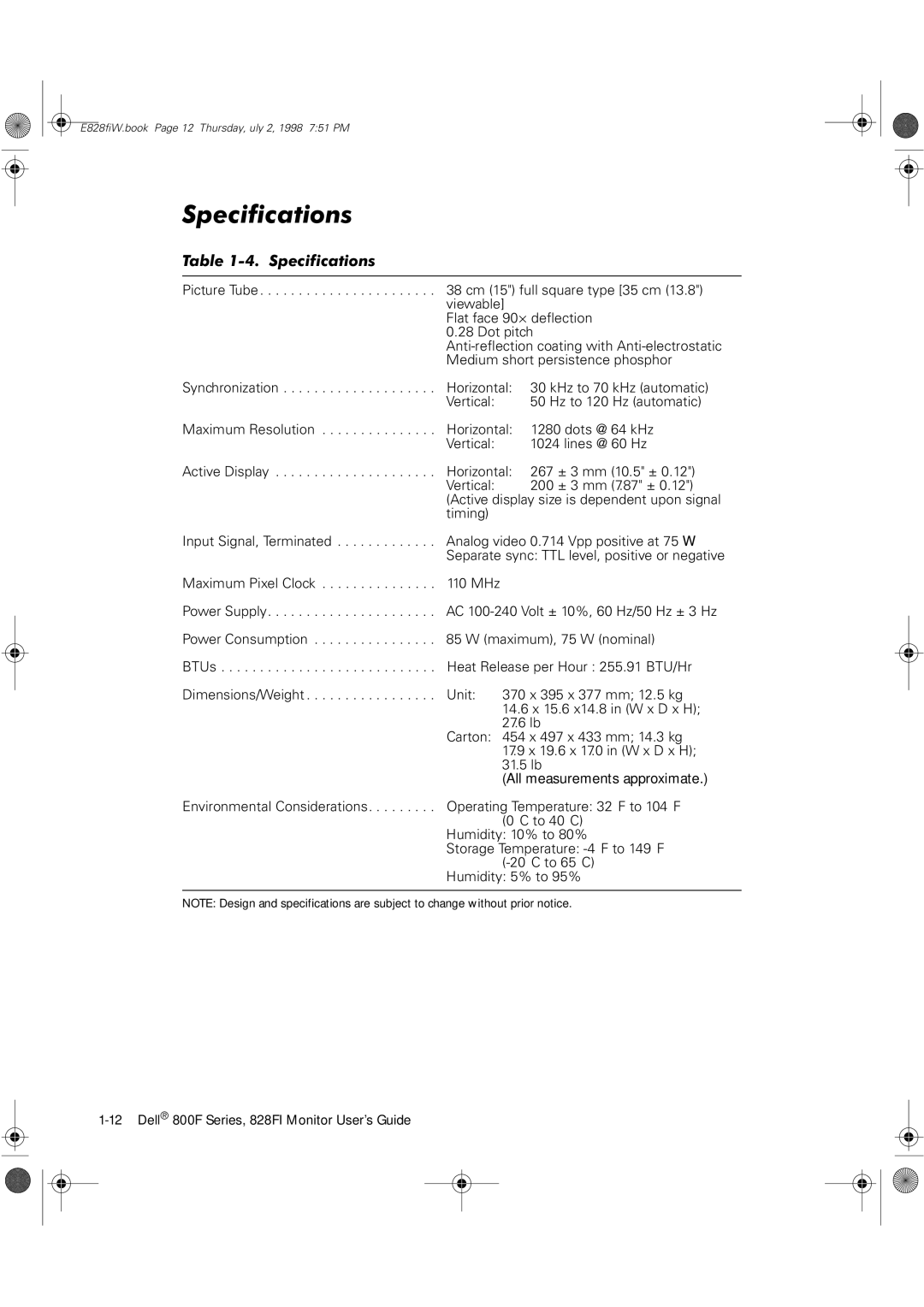 Dell 800F, 828FI manual Specifications 