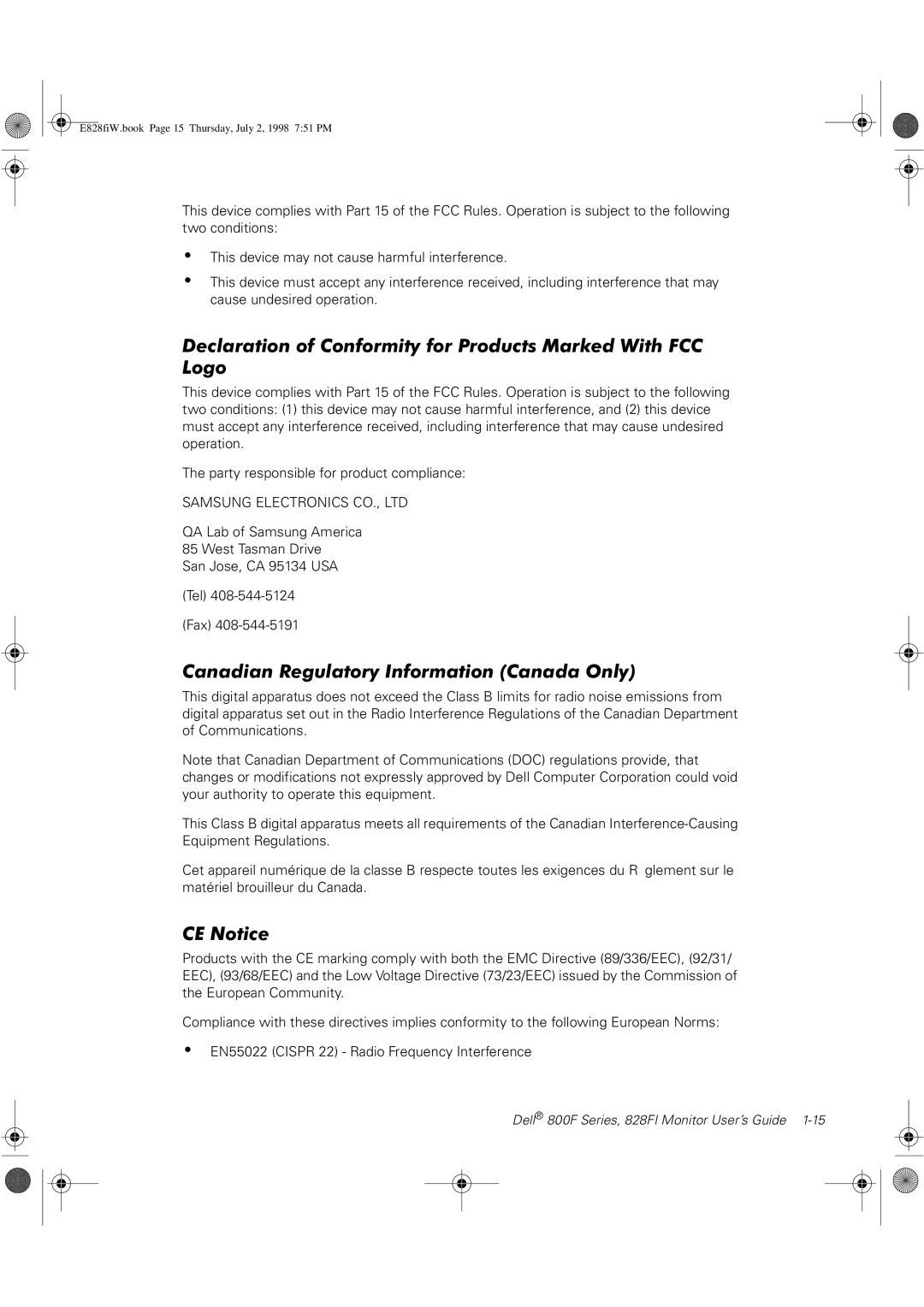 Dell 828FI, 800F Declaration of Conformity for Products Marked With FCC Logo, Canadian Regulatory Information Canada Only 