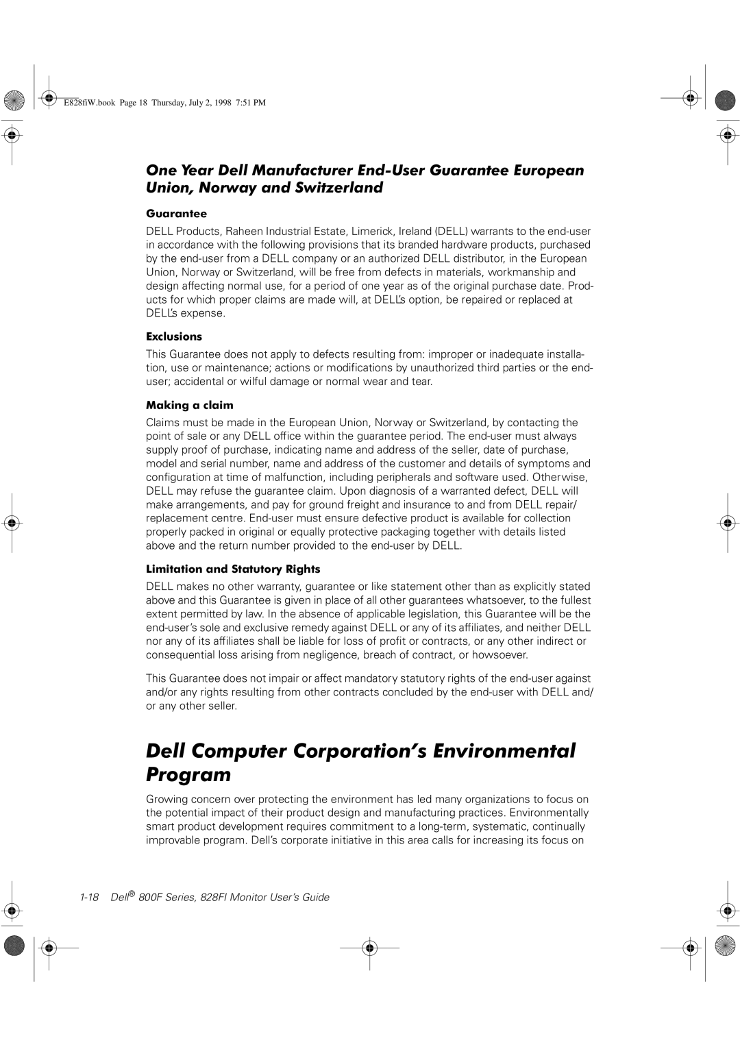 Dell 800F, 828FI manual Dell Computer Corporation’s Environmental Program, Guarantee 