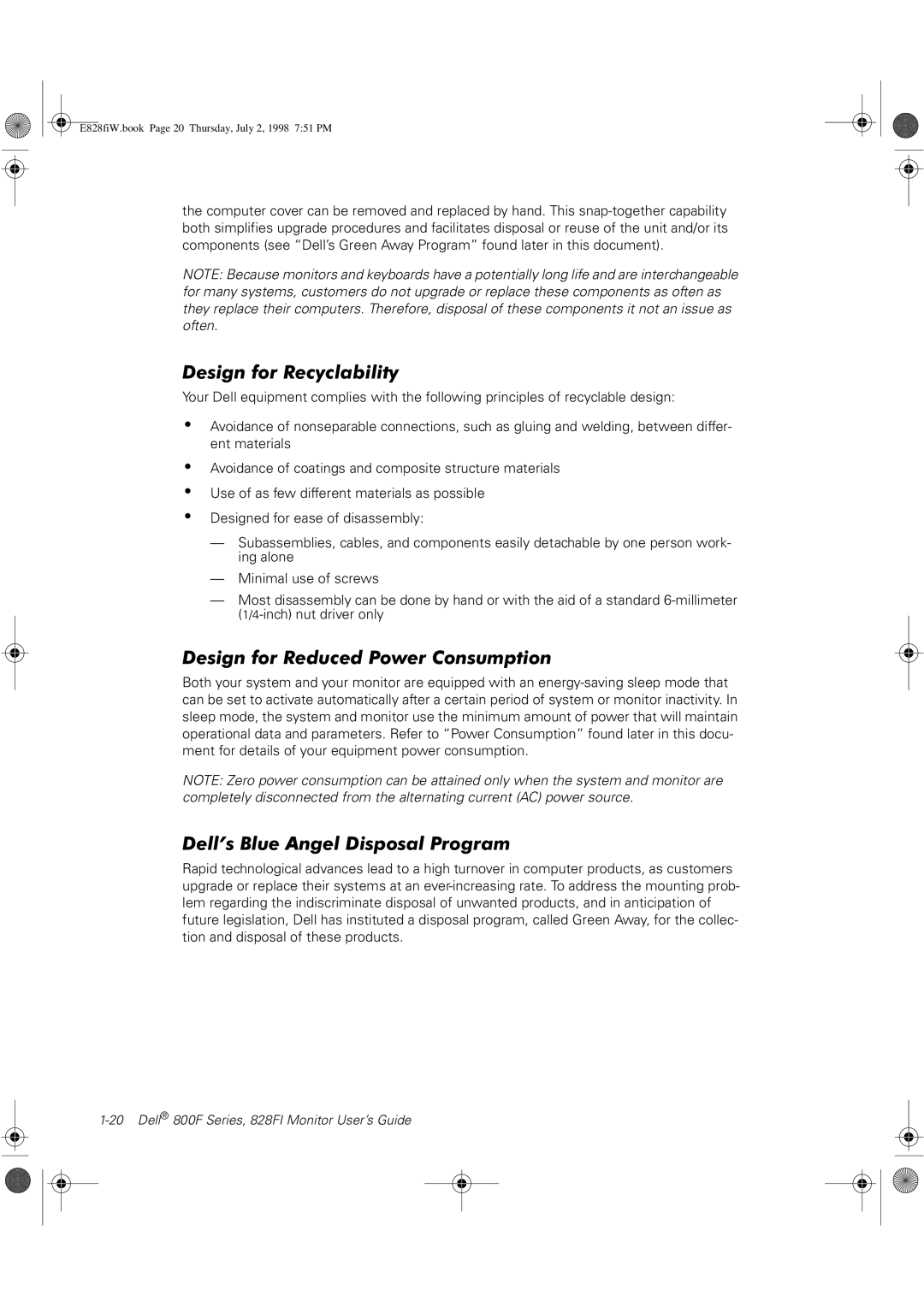 Dell 800F, 828FI manual Design for Recyclability, Design for Reduced Power Consumption, Dell’s Blue Angel Disposal Program 