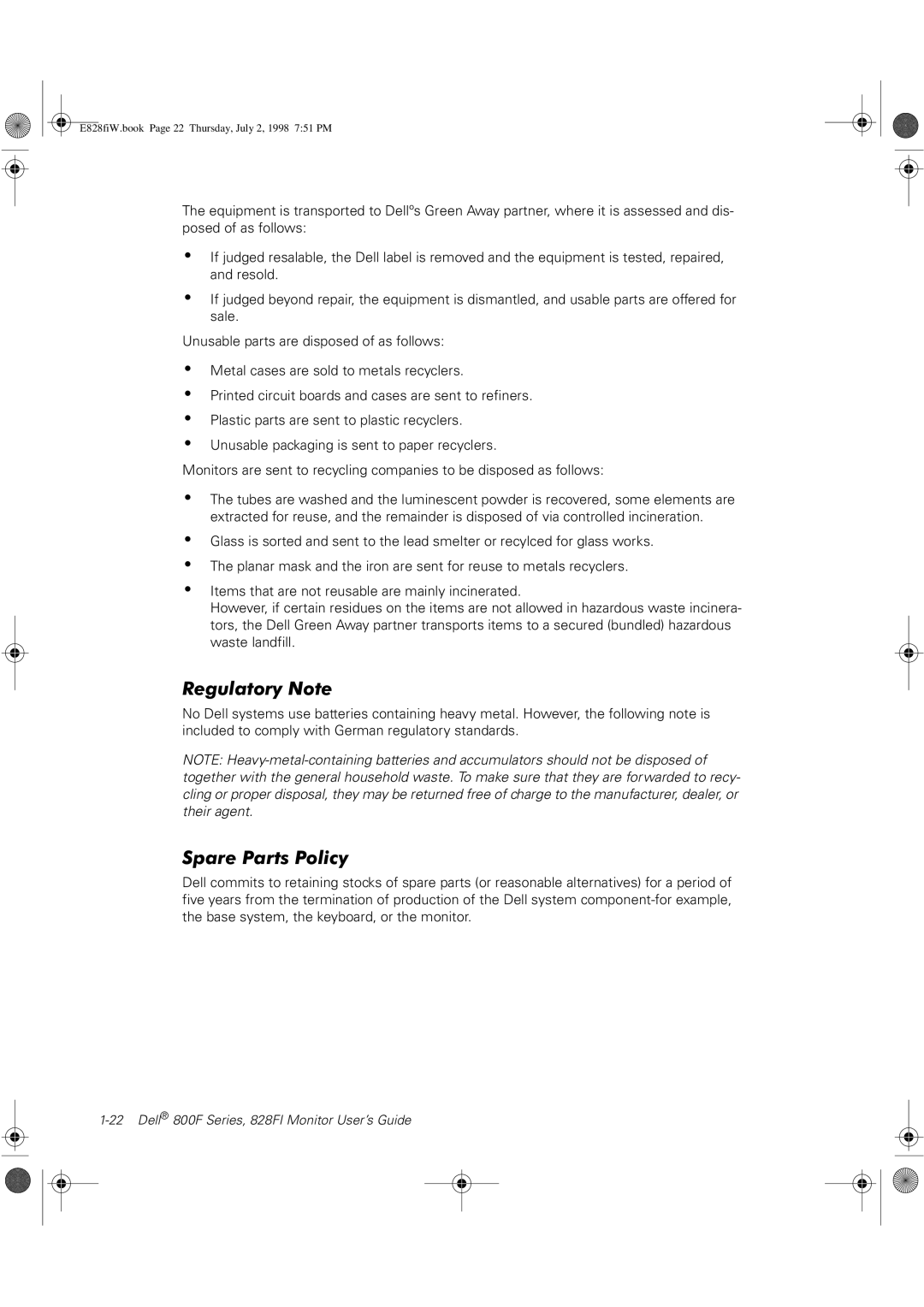 Dell 800F, 828FI manual Regulatory Note, Spare Parts Policy 