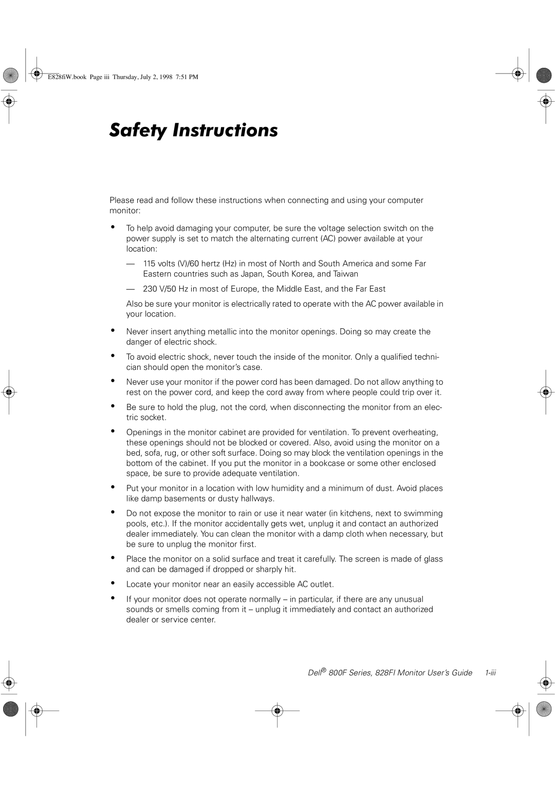 Dell 828FI, 800F manual Safety Instructions 