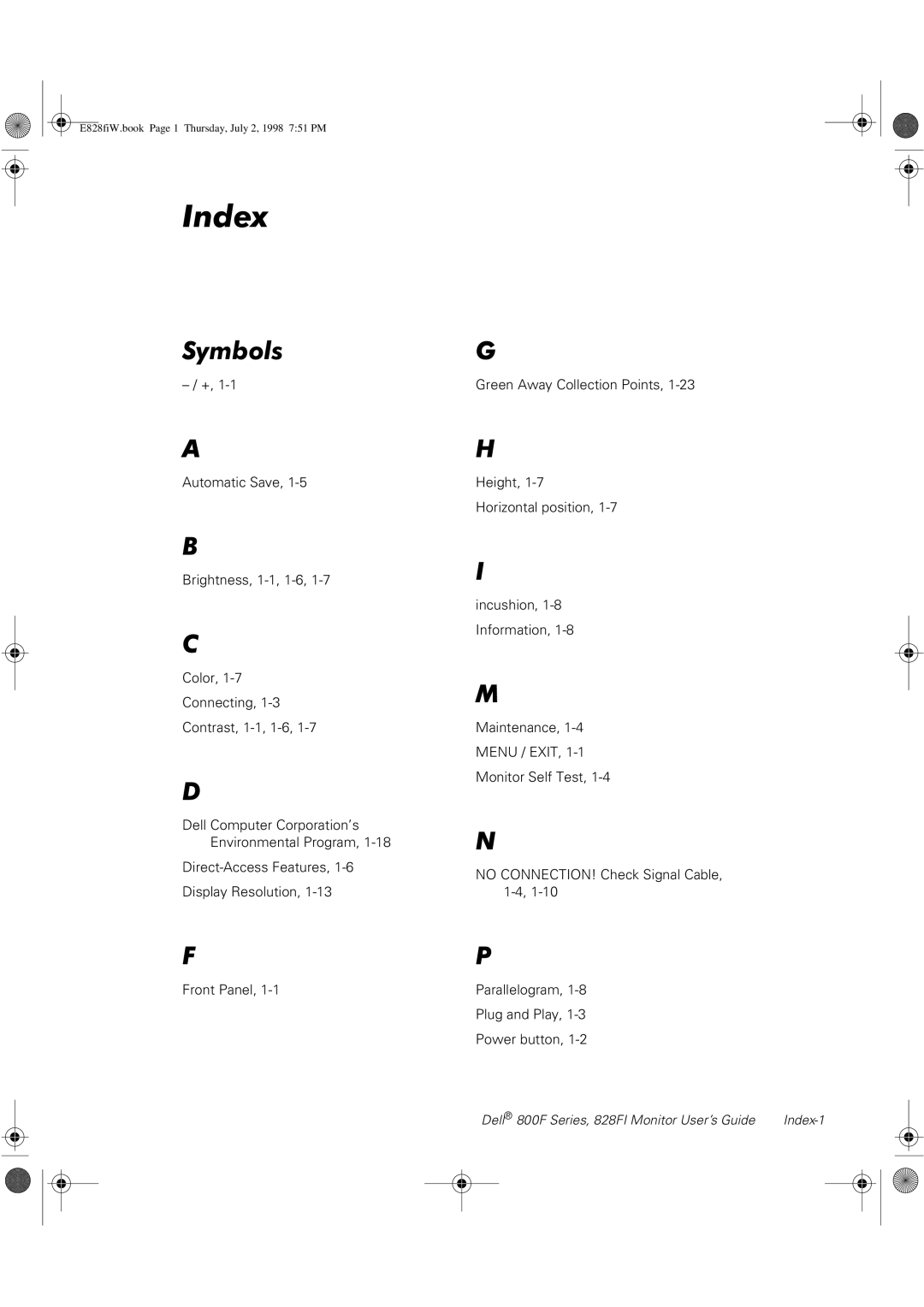 Dell 828FI, 800F manual Index, Symbols 