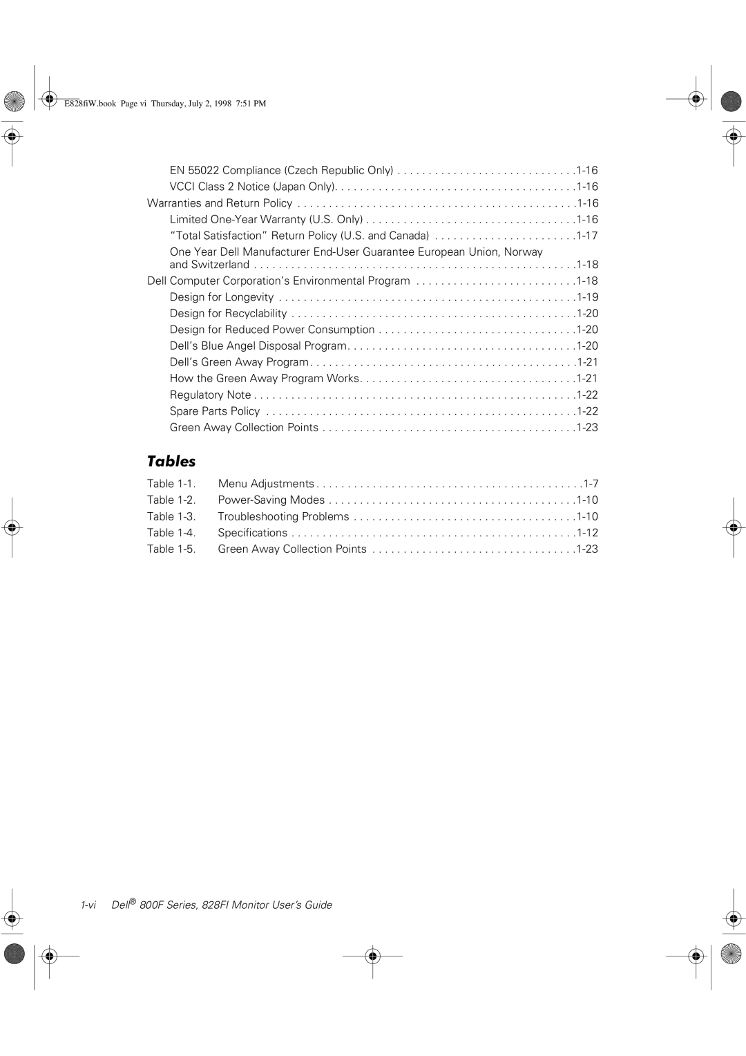 Dell 800F, 828FI manual Tables 