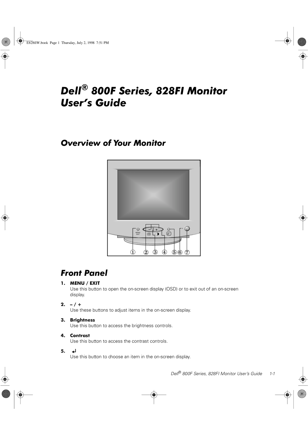 Dell 828FI, 800F manual Overview of Your Monitor, Front Panel 