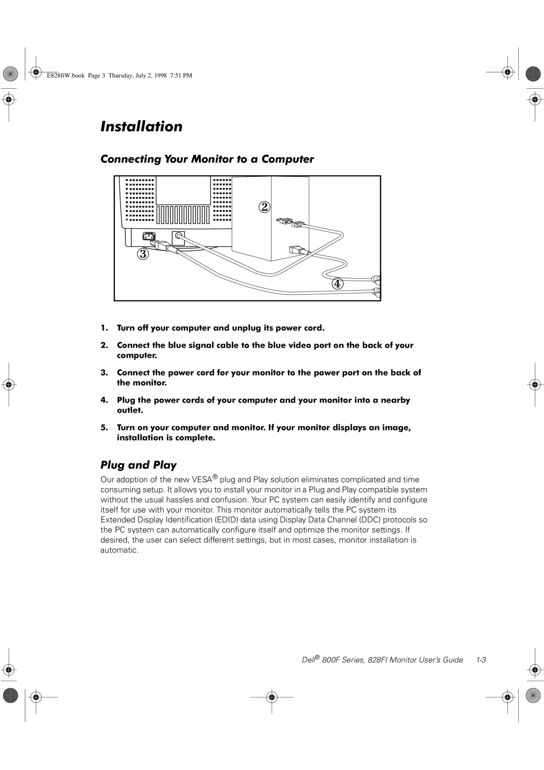 Dell 828FI, 800F manual Installation, Connecting Your Monitor to a Computer, Plug and Play 