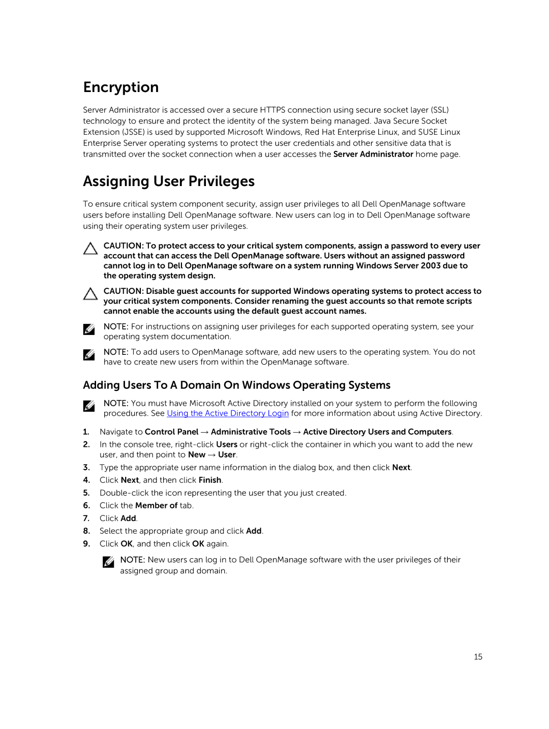 Dell 8.1 manual Encryption, Assigning User Privileges, Adding Users To a Domain On Windows Operating Systems 