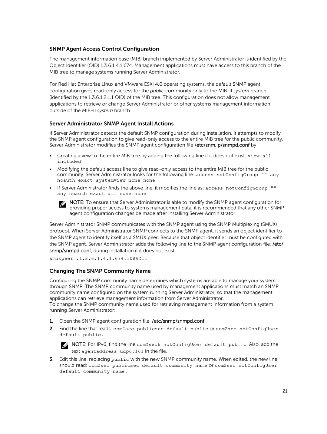 Dell 8.1 manual Snmp Agent Access Control Configuration, Server Administrator Snmp Agent Install Actions 