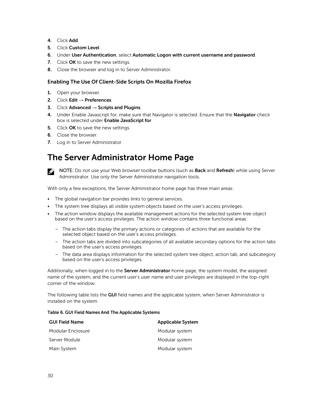 Dell 8.1 manual Server Administrator Home, Enabling The Use Of Client-Side Scripts On Mozilla Firefox 