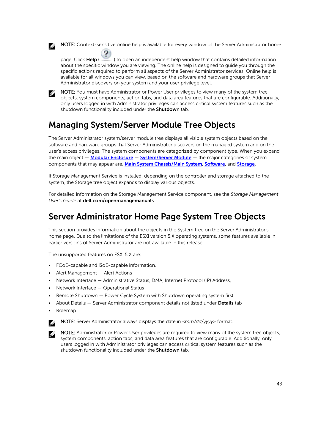 Dell 8.1 manual Managing System/Server Module Tree Objects, Server Administrator Home Page System Tree Objects 