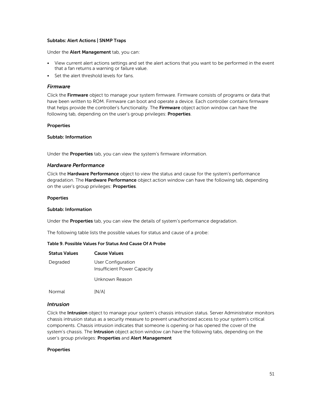 Dell 8.1 manual Firmware, Hardware Performance, Intrusion 