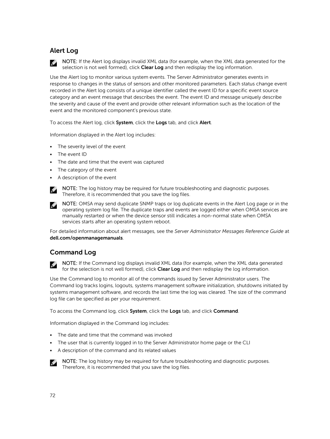 Dell 8.1 manual Alert Log, Command Log 