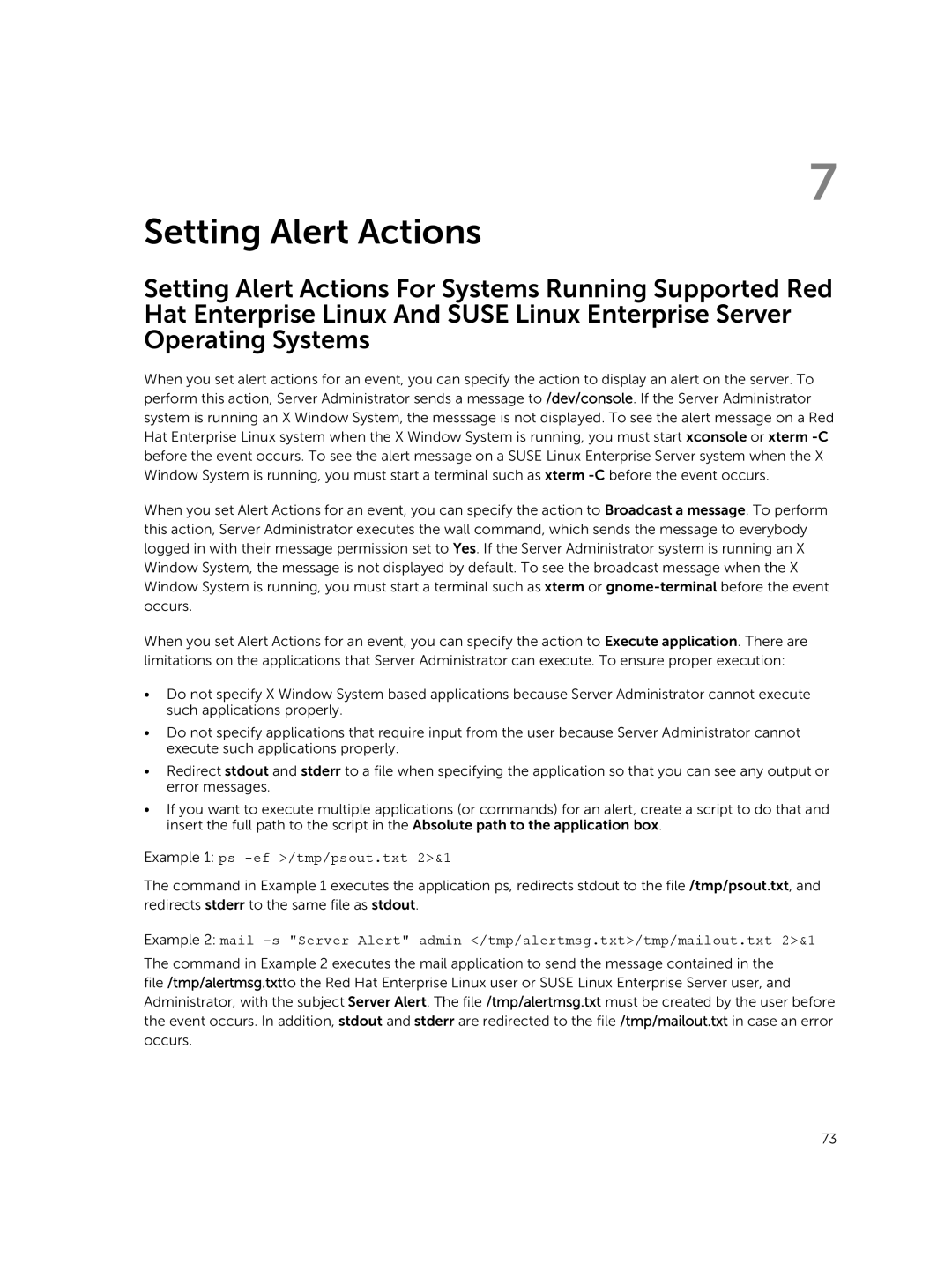 Dell 8.1 manual Setting Alert Actions, Example 1 ps -ef /tmp/psout.txt 2&1 