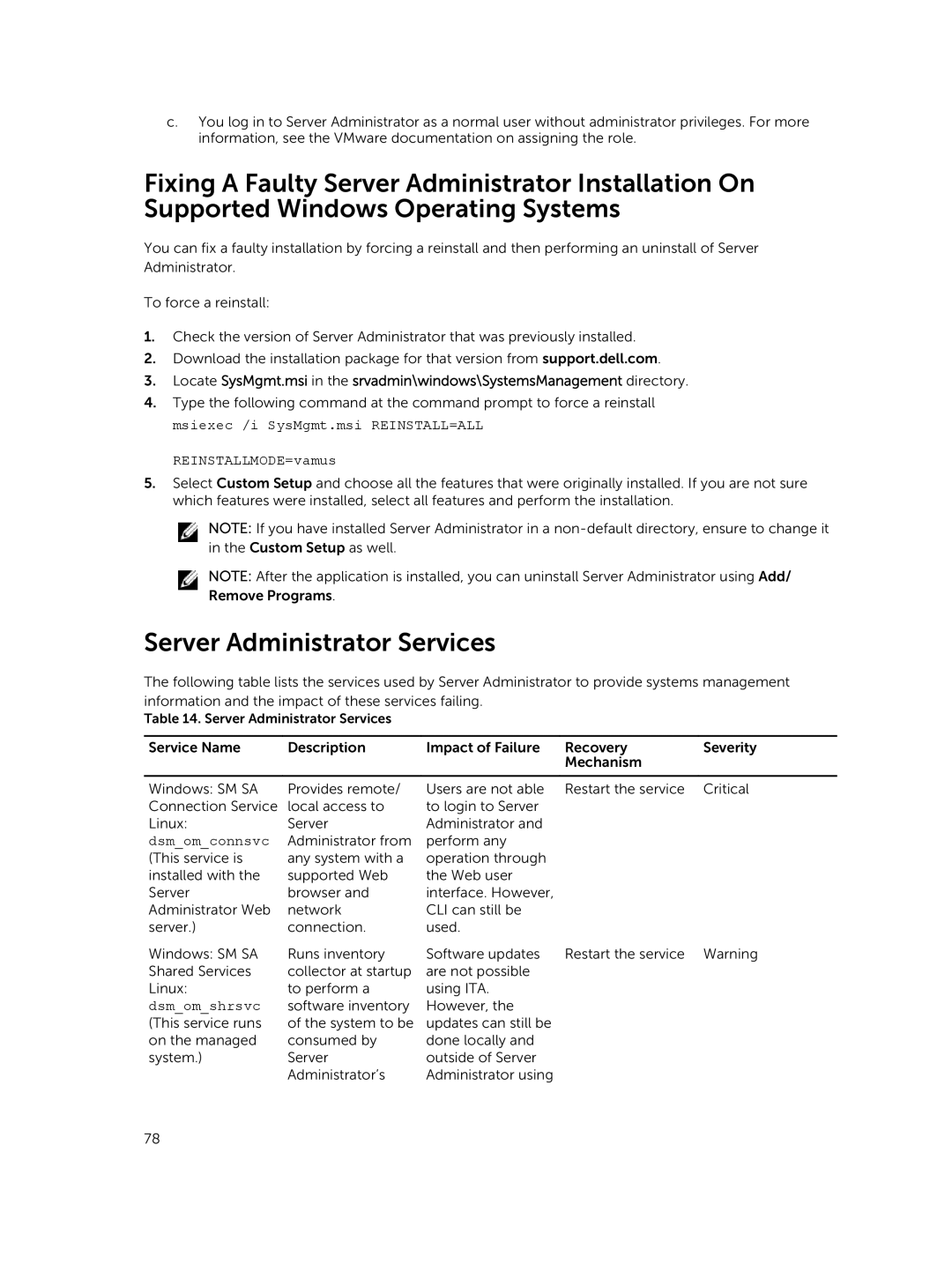 Dell 8.1 manual Server Administrator Services, REINSTALLMODE=vamus 