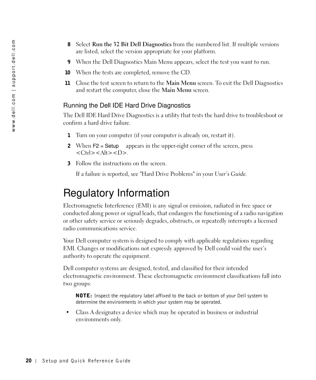 Dell 81FTK manual Regulatory Information, Running the Dell IDE Hard Drive Diagnostics 