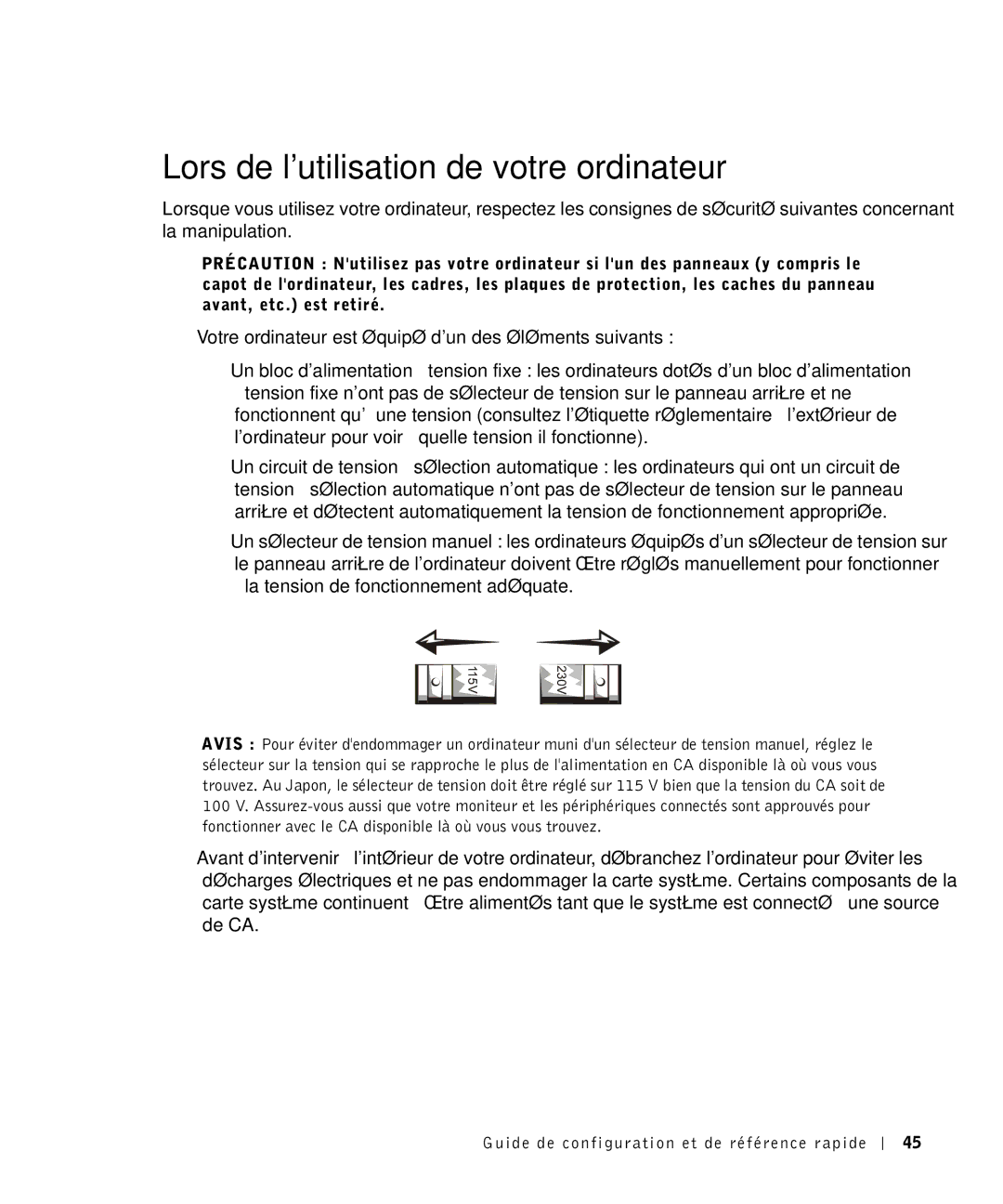 Dell 81FTK manual Lors de lutilisation de votre ordinateur, La tension de fonctionnement adéquate 