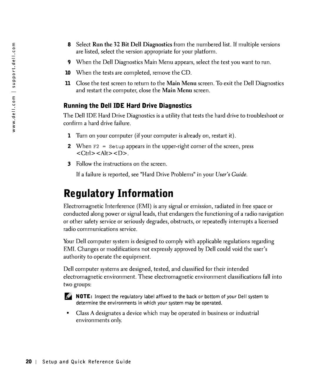 Dell 81FTK manual Regulatory Information, Running the Dell IDE Hard Drive Diagnostics 