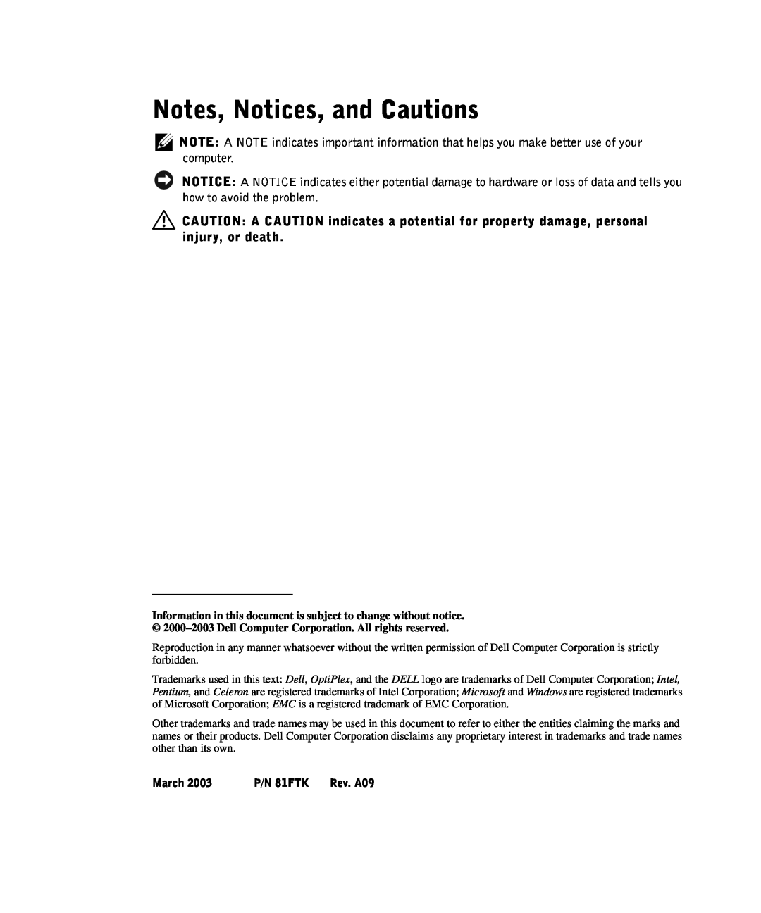 Dell manual Notes, Notices, and Cautions, March, P/N 81FTK 