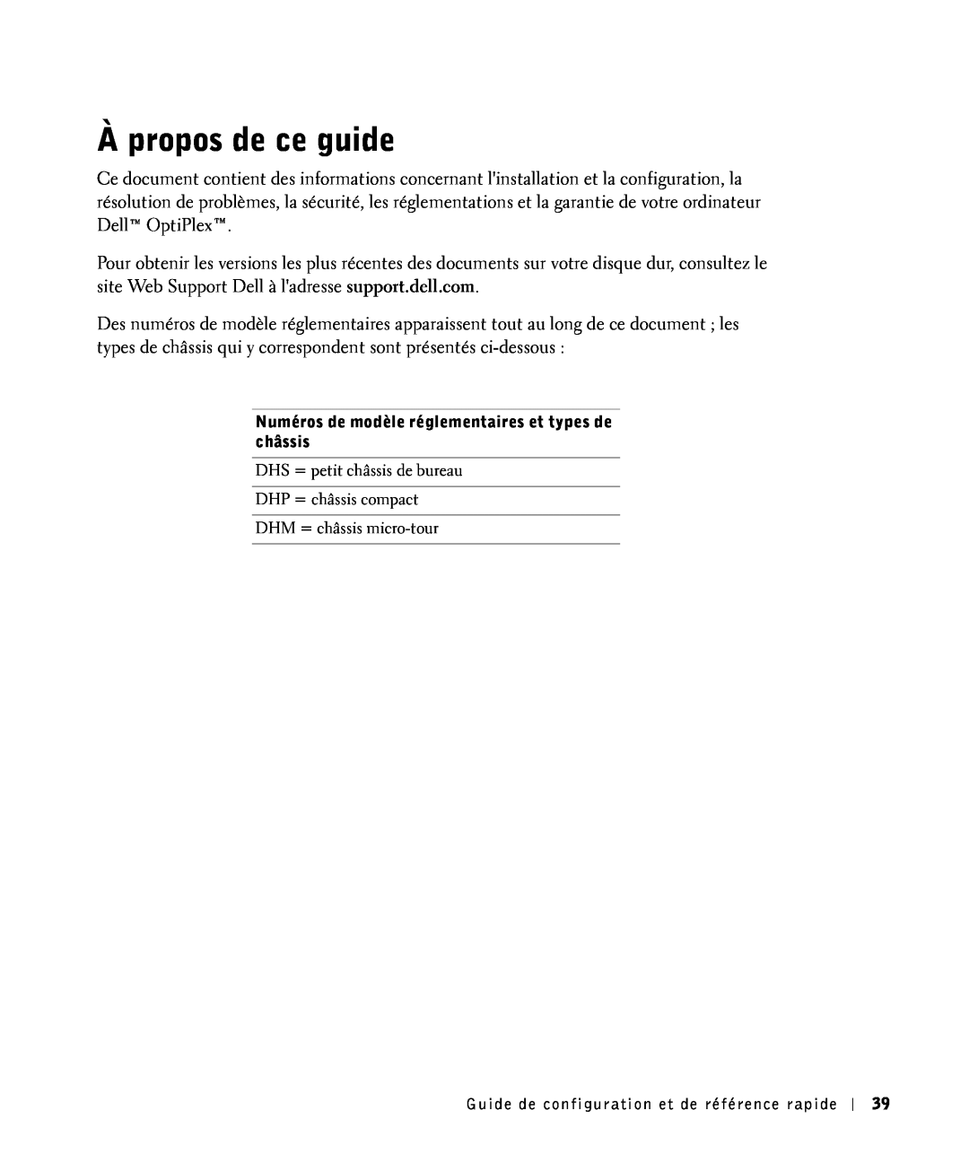 Dell 81FTK manual À propos de ce guide, Numéros de modèle réglementaires et types de châssis, DHM = châssis micro-tour 