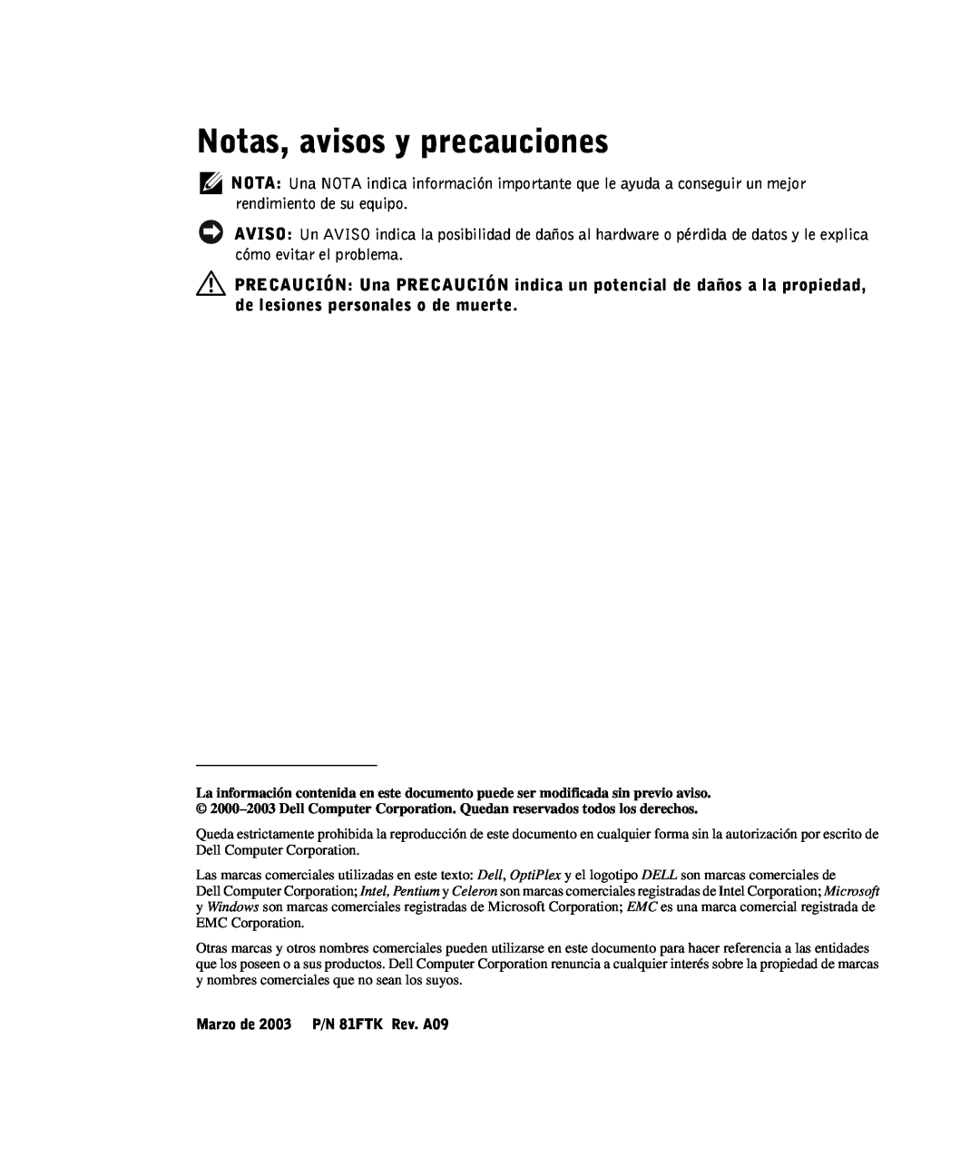 Dell manual Notas, avisos y precauciones, Marzo de 2003 P/N 81FTK Rev. A09 