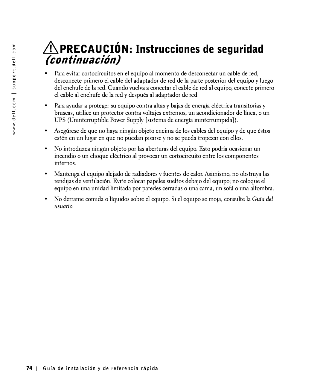 Dell 81FTK manual PRECAUCIÓN Instrucciones de seguridad continuación 