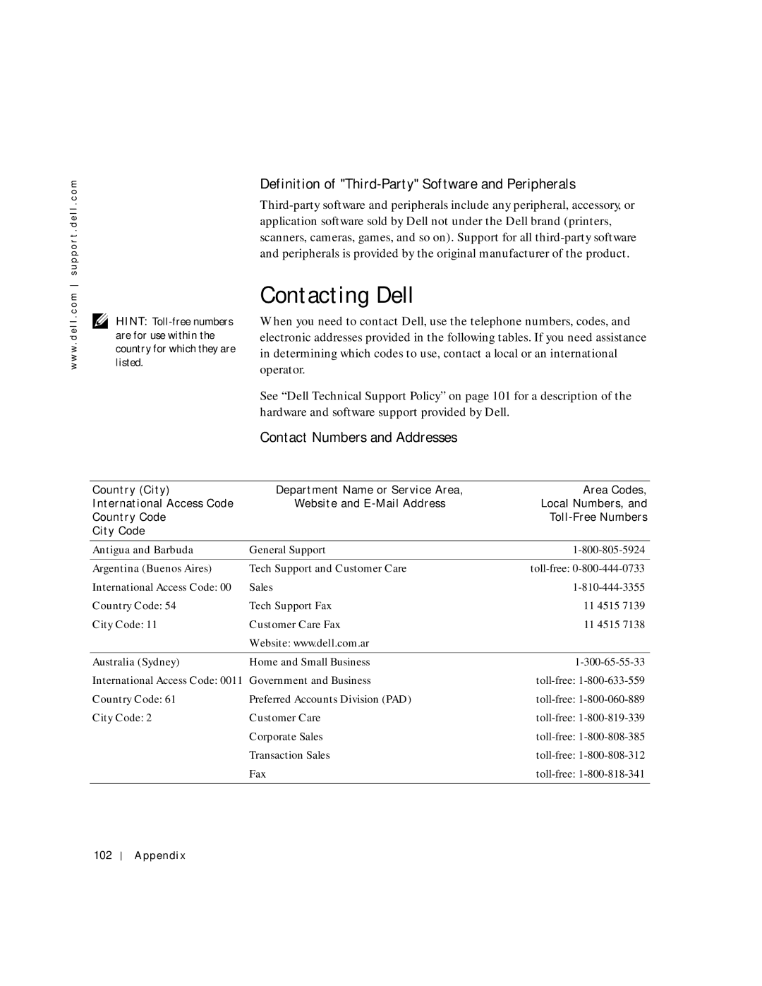 Dell 8200 manual Contacting Dell, Definition of Third-Party Software and Peripherals, Contact Numbers and Addresses 