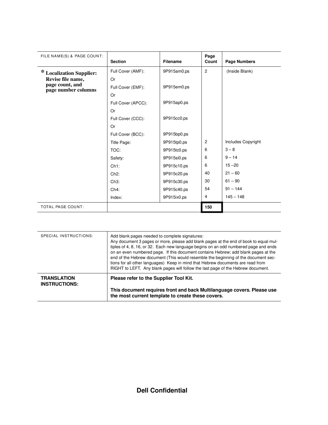 Dell 8200 manual Localization Supplier 