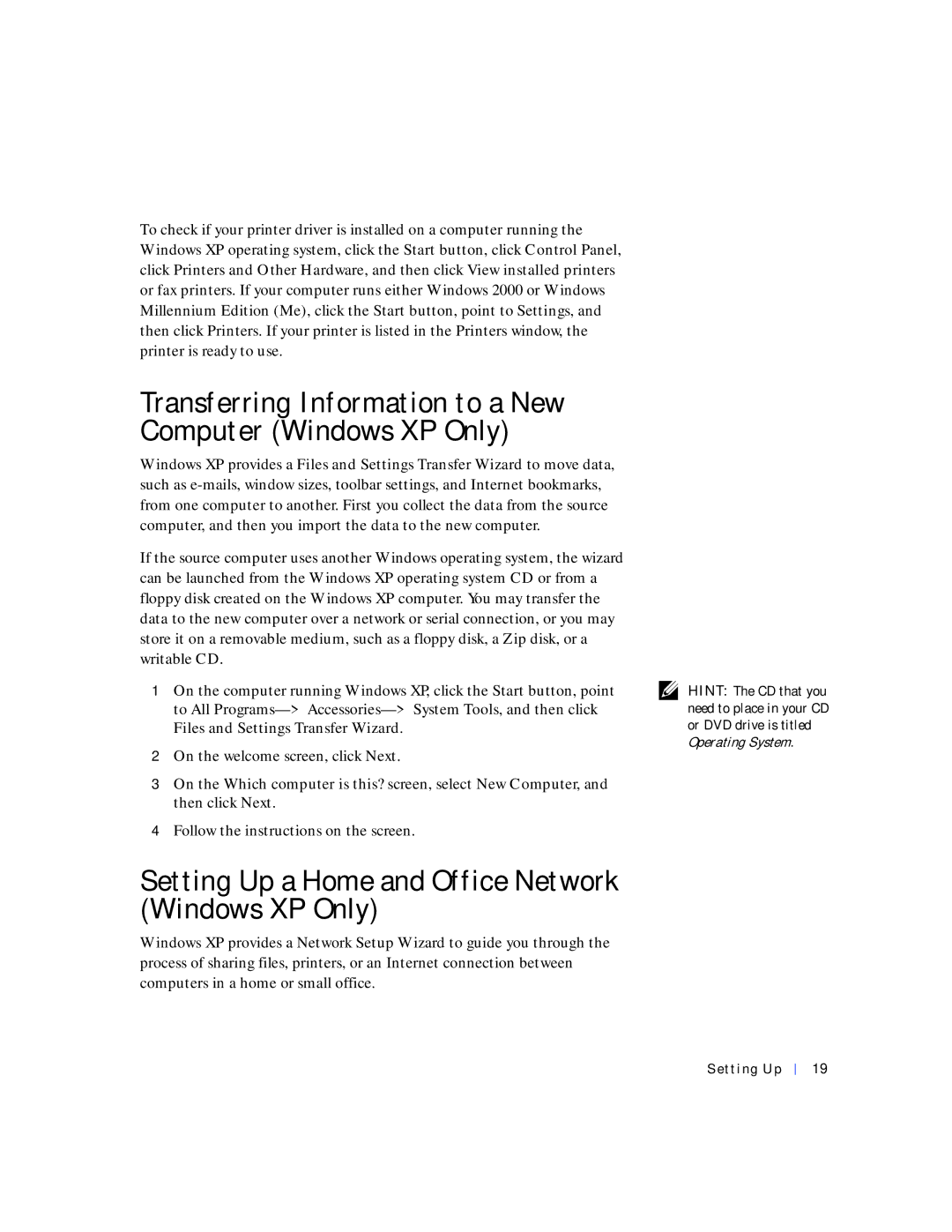 Dell 8200 Transferring Information to a New Computer Windows XP Only, Setting Up a Home and Office Network Windows XP Only 