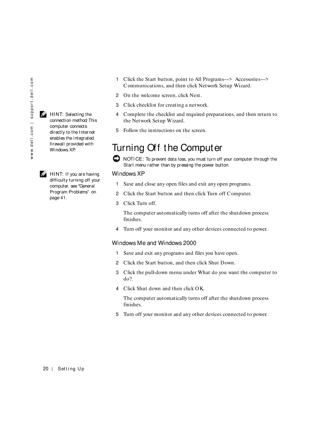 Dell 8200 manual Turning Off the Computer, Windows XP, Windows Me and Windows 