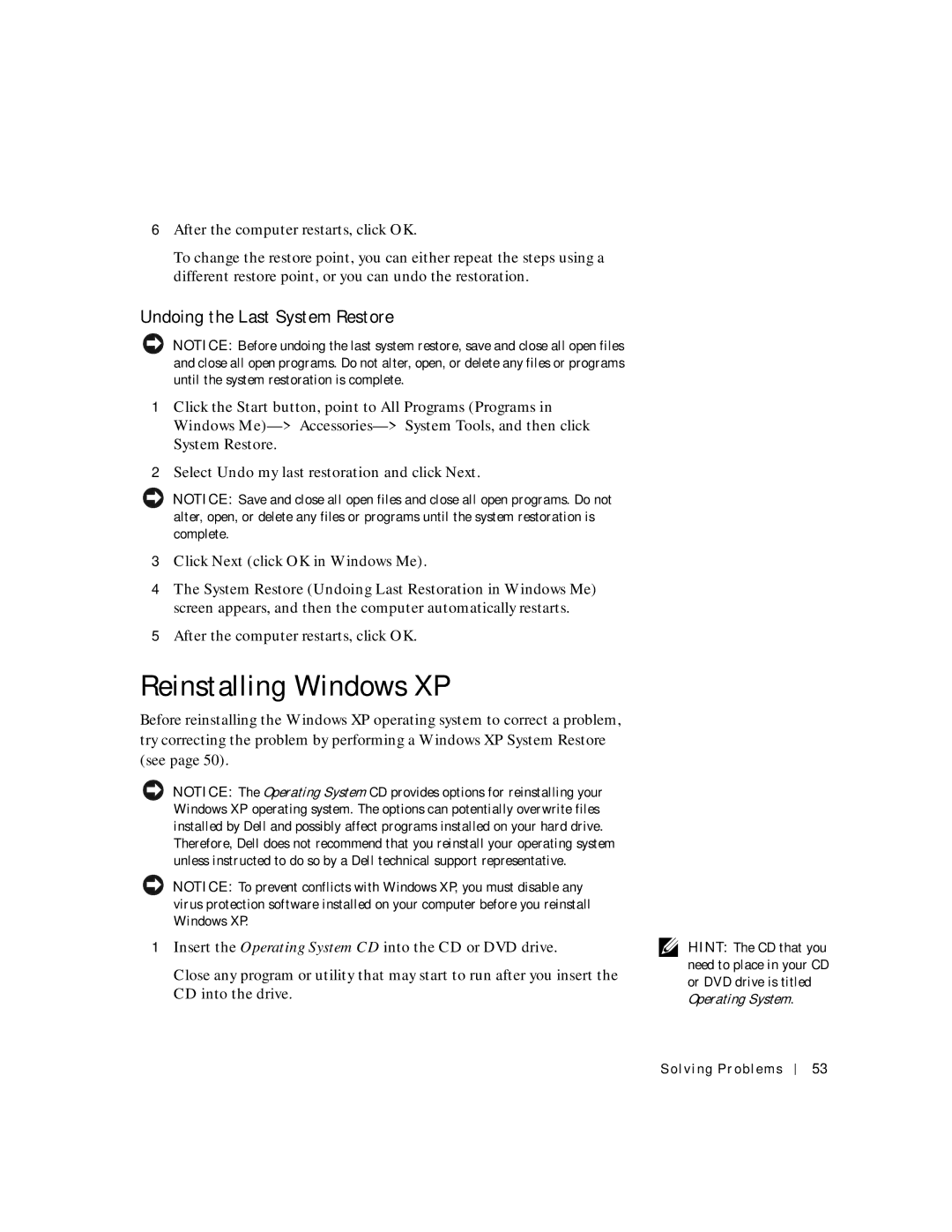 Dell 8200 manual Reinstalling Windows XP, Undoing the Last System Restore 