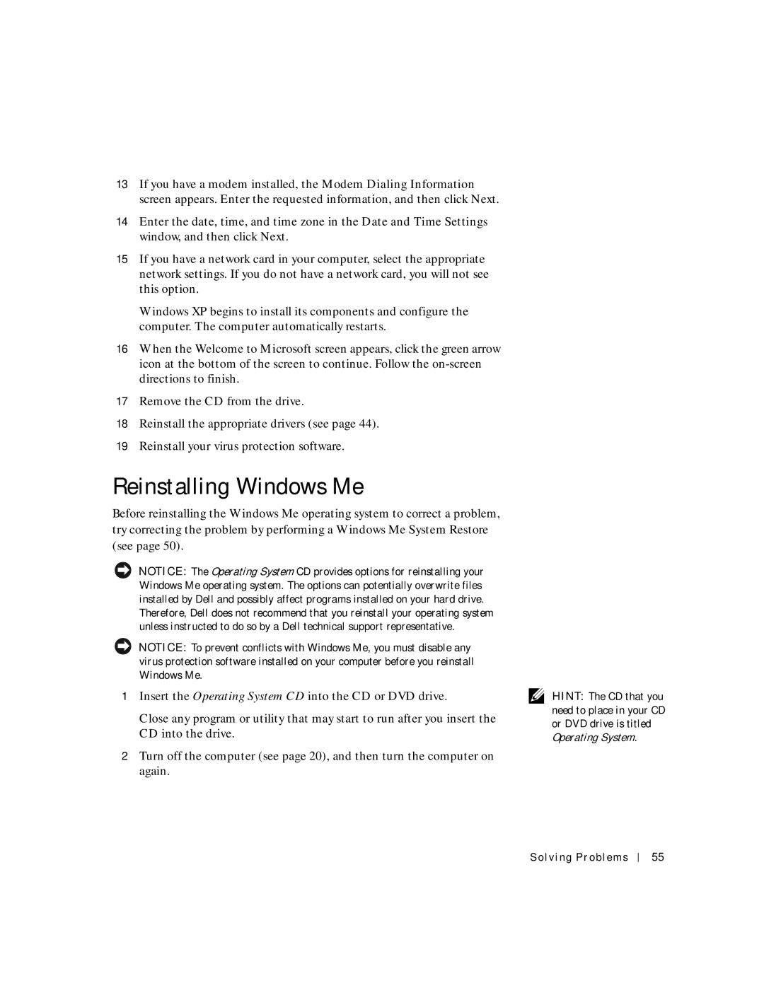 Dell 8200 manual Reinstalling Windows Me 