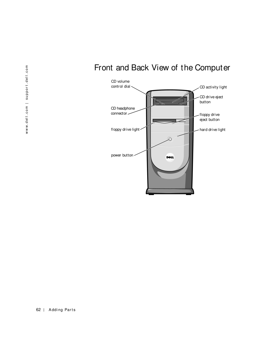 Dell 8200 manual Front and Back View of the Computer, Power button 