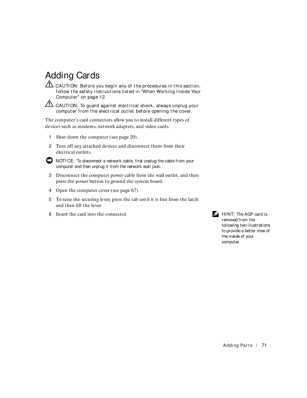 Dell 8200 manual Adding Cards 