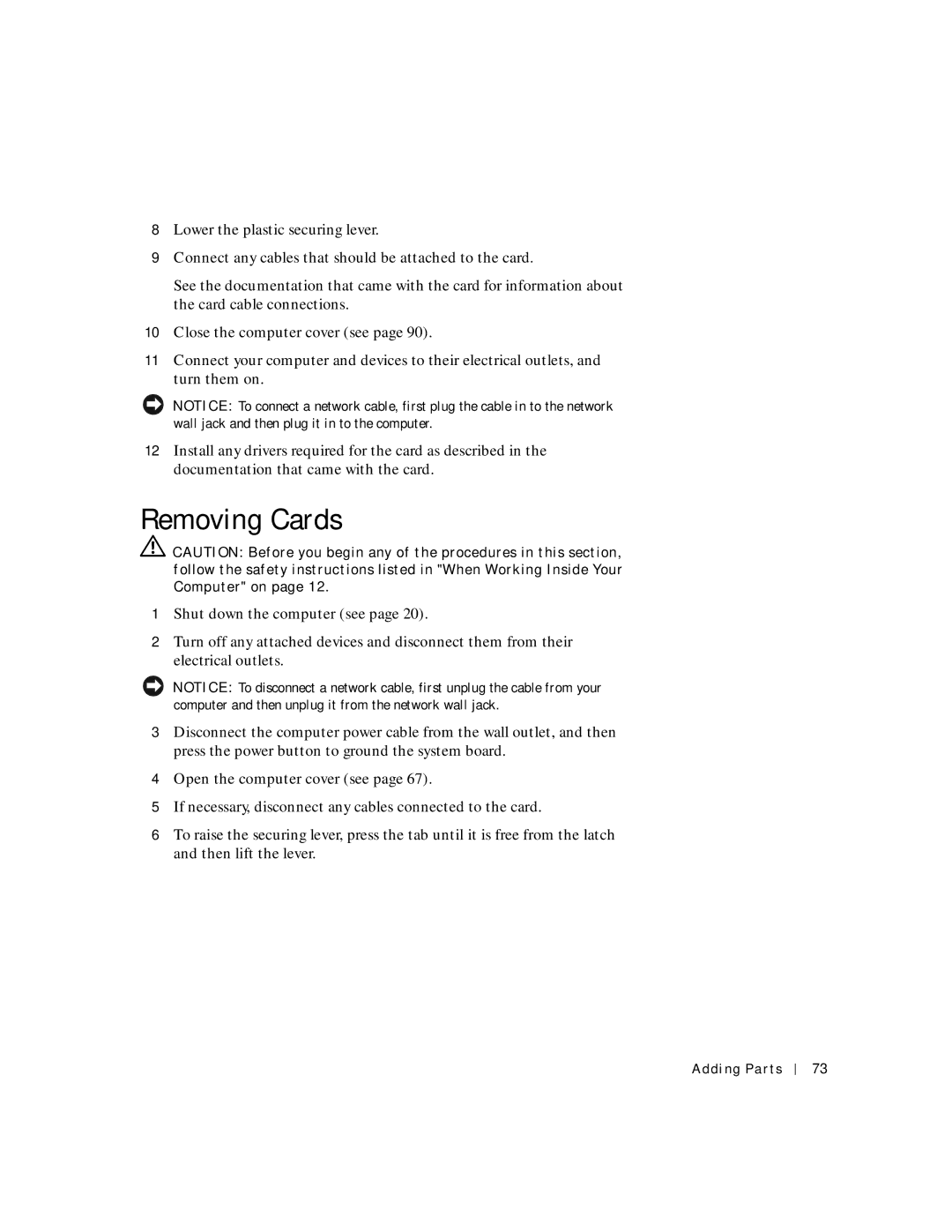 Dell 8200 manual Removing Cards 