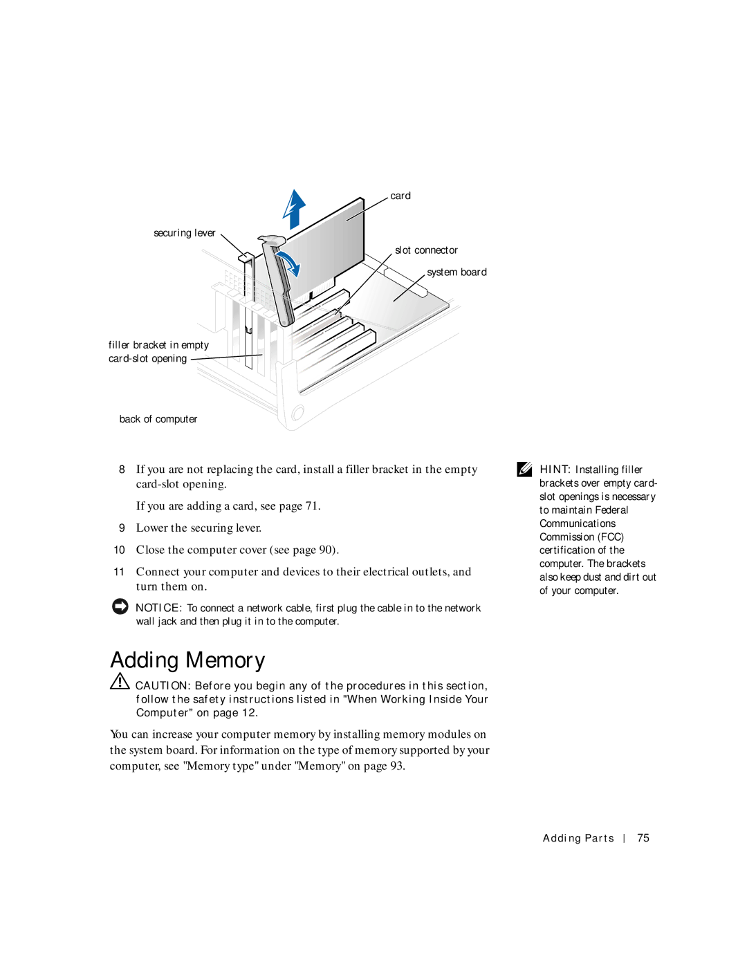 Dell 8200 manual Adding Memory 