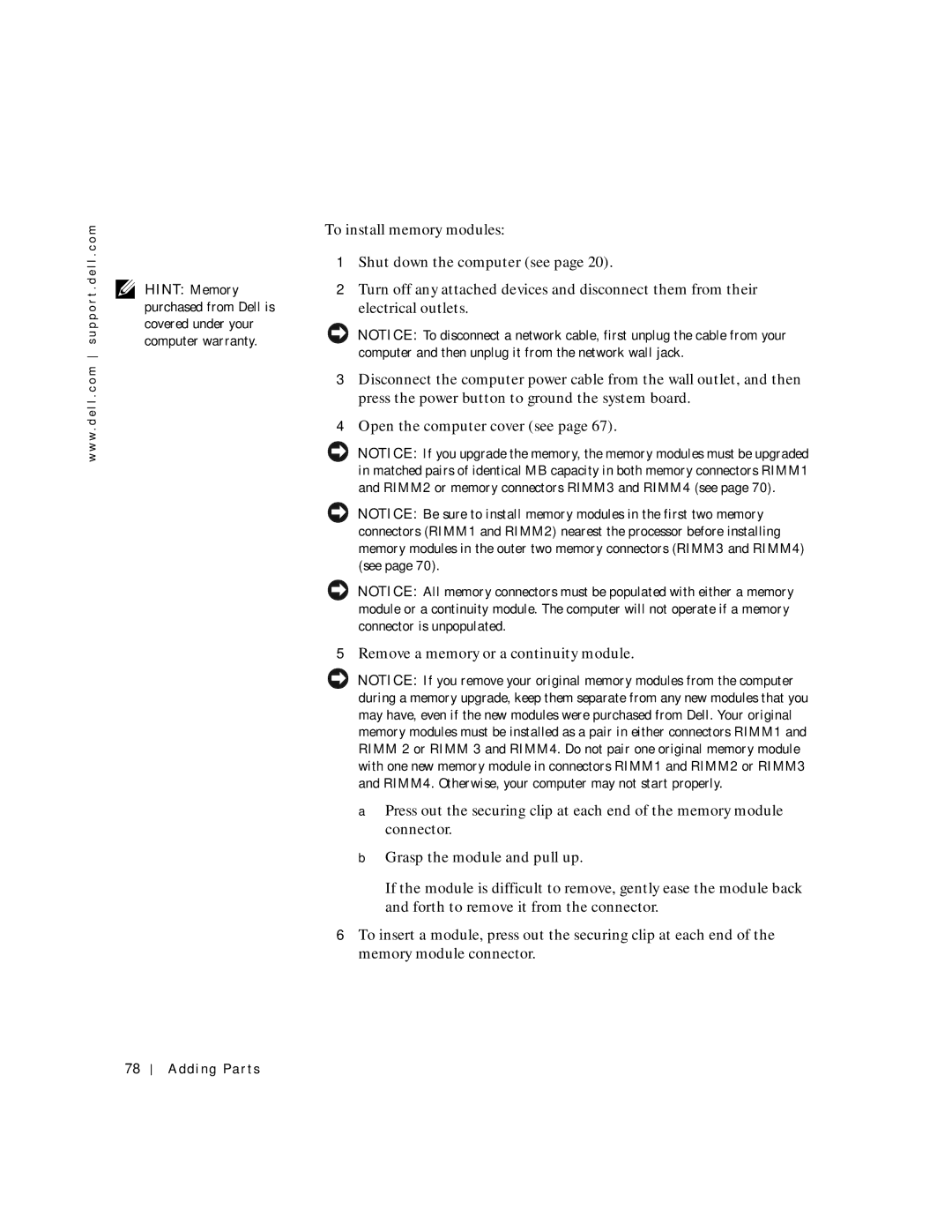 Dell 8200 manual Adding Parts 