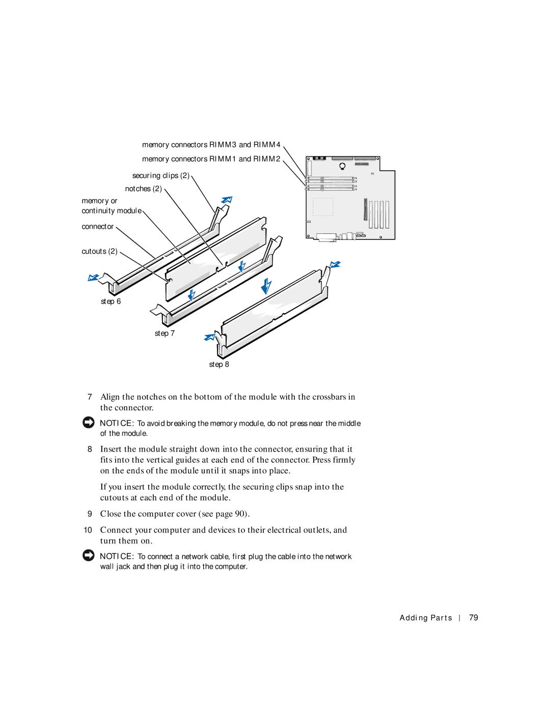 Dell 8200 manual Securing clips 2 notches 