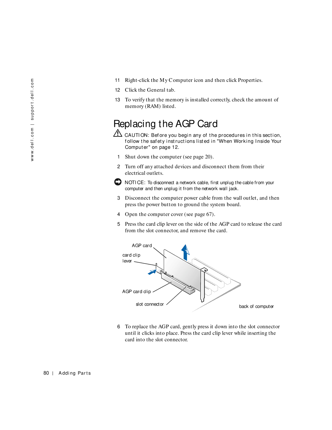 Dell 8200 manual Replacing the AGP Card 