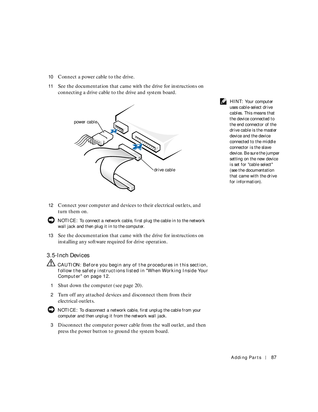 Dell 8200 manual Power cable Drive cable 