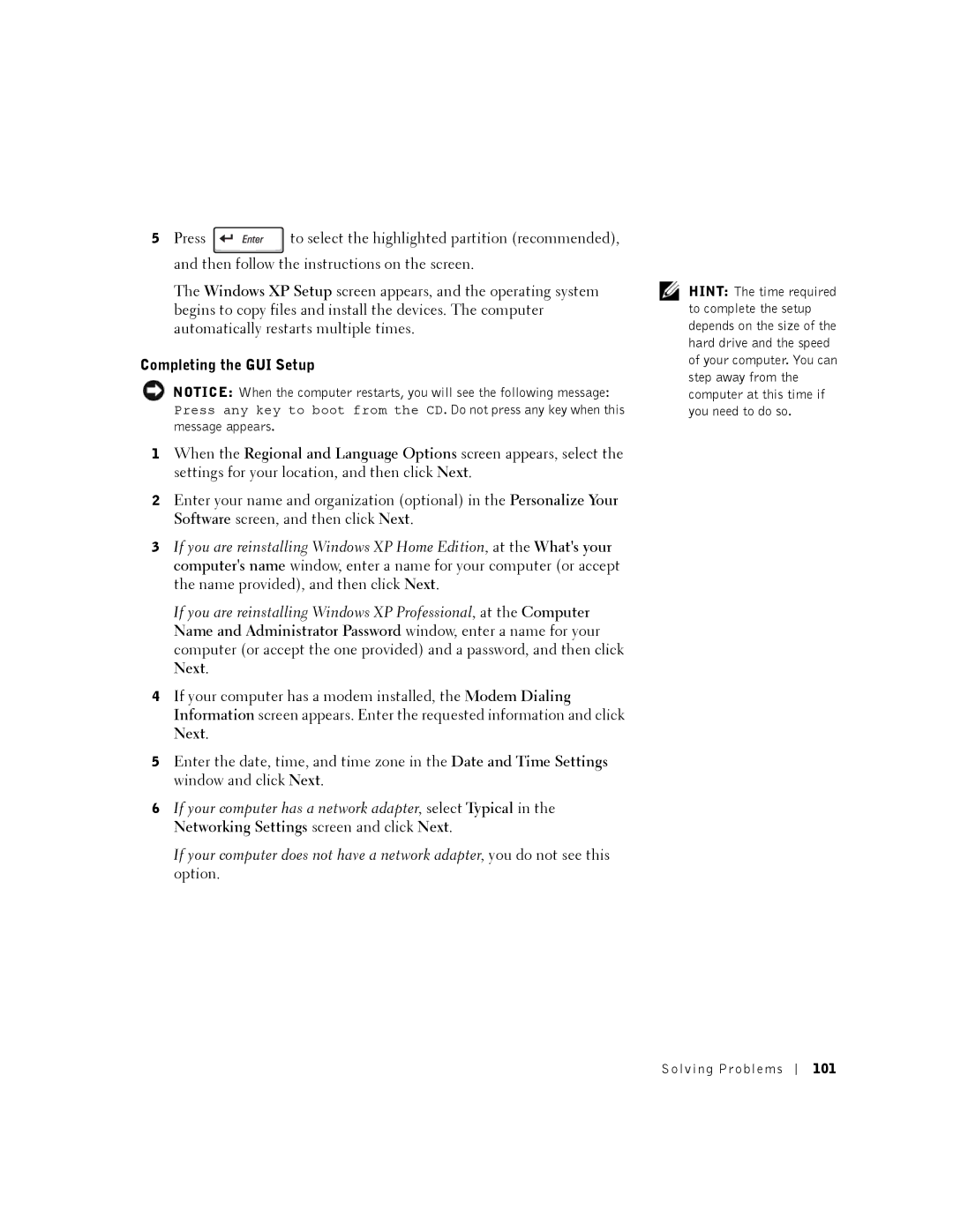 Dell 8200 owner manual Completing the GUI Setup, Solving Problems 101 